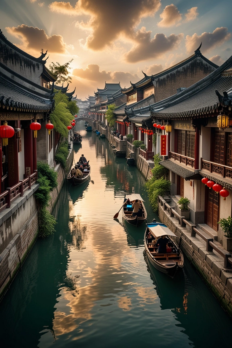 一条运河穿过城市,两旁是传统的中国建筑和商店。人们在欣赏风景,乘船兜风。天空阴云密布,但太阳露出来了。现场热闹热闹,许多人沿着运河散步或坐着。整体风格是中国古代水乡的风格。 一条运河穿过城市,两旁是传统的中国建筑和商店。人们在欣赏风景,乘船兜风。天空阴云密布,但太阳露出来了。现场热闹热闹,许多人沿着运河散步或坐着。整体风格是中国古代水乡的风格。