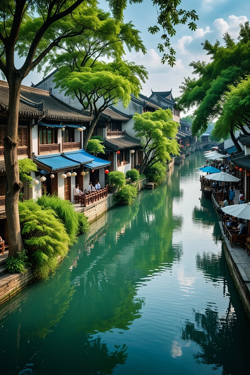 图为浙江乌镇一条宁静的运河,两边是传统的中国建筑和郁郁葱葱的树木。人们在水边享受悠闲的时光,坐在户外咖啡馆里,沿着河岸散步。蔚蓝的天空点缀着缕缕白云,营造出一种宁静、田园般的氛围。建筑的整体风格和人们享受时光的方式反映了中国传统文化与现代生活方式的和谐融合。图片的颜色主要是绿色和蓝色,偶尔会从雨伞和人们的衣服中弹出白色。画面的整体情绪是平静宁静的。 图为浙江乌镇一条宁静的运河,两边是传统的中国建筑和郁郁葱葱的树木。人们在水边享受悠闲的时光,坐在户外咖啡馆里,沿着河岸散步。蔚蓝的天空点缀着缕缕白云,营造出一种宁静、田园般的氛围。建筑的整体风格和人们享受时光的方式反映了中国传统文化与现代生活方式的和谐融合。图片的颜色主要是绿色和蓝色,偶尔会从雨伞和人们的衣服中弹出白色。画面的整体情绪是平静宁静的。