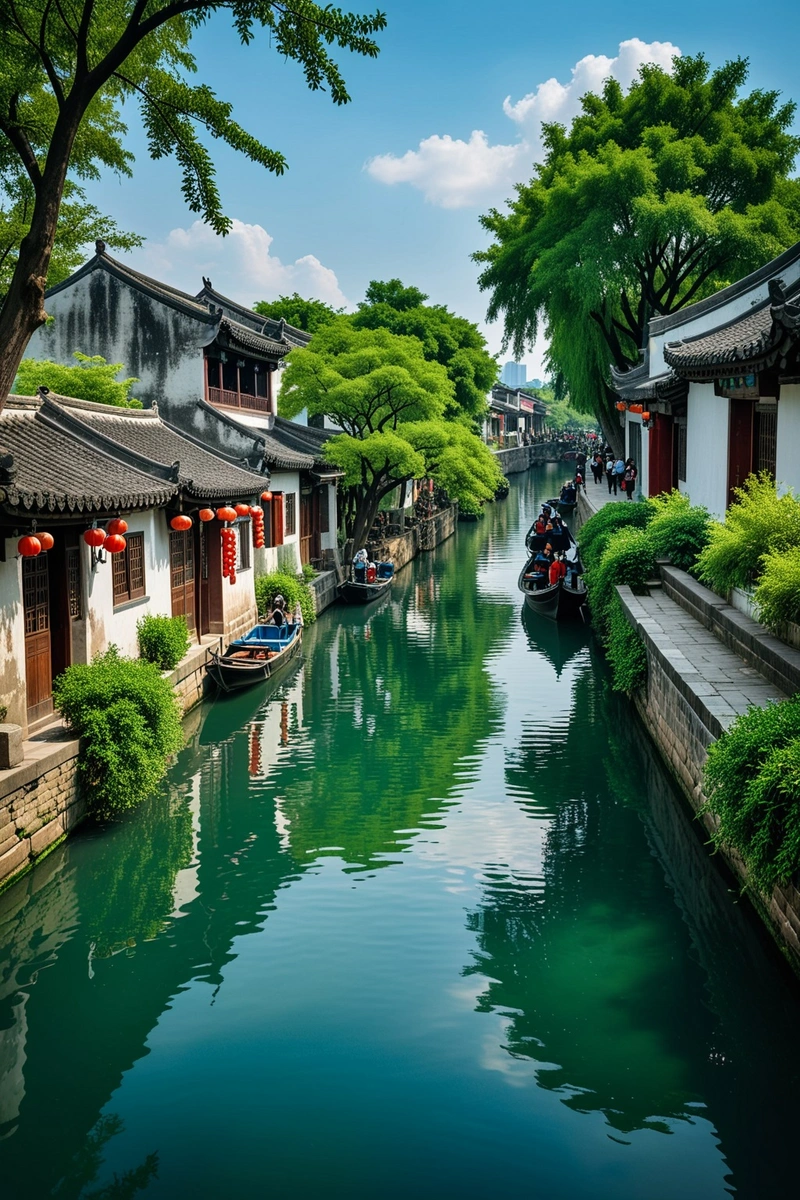 这是中国苏州的一条运河,中国传统建筑沿河而建,人们在欣赏风景。蓝天白云,营造出一种宁静的气氛。水是绿色的,映衬着周围的树木和建筑。人们沿着运河散步,乘船欣赏美景。整体风格是自然与人造元素的和谐融合。构图很平衡,主题是运河。色彩鲜艳,碧水蓝天,传统建筑,营造出一幅美丽宁静的景色。 这是中国苏州的一条运河,中国传统建筑沿河而建,人们在欣赏风景。蓝天白云,营造出一种宁静的气氛。水是绿色的,映衬着周围的树木和建筑。人们沿着运河散步,乘船欣赏美景。整体风格是自然与人造元素的和谐融合。构图很平衡,主题是运河。色彩鲜艳,碧水蓝天,传统建筑,营造出一幅美丽宁静的景色。