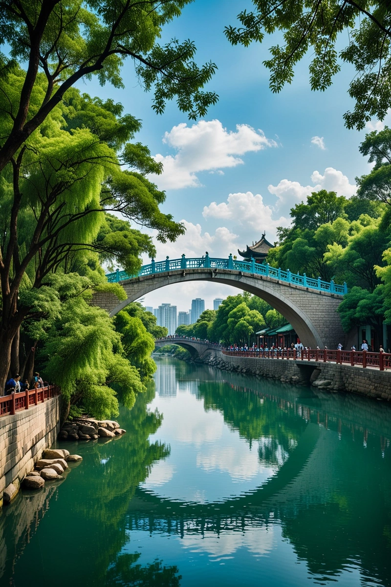 一座传统的中国桥横跨在风景名胜区的河流上,游客们穿行其间。天空多云但很蓝,水是深绿色的。这座建筑是传统与现代的结合,具有传统的中国特色,右边是一座更现代的建筑。这个场景构图很好,桥将视线引向河流和天空。色彩丰富而生动,有河流和树木的绿色,有天空的蓝色,有桥梁和建筑物的棕色。 一座传统的中国桥横跨在风景名胜区的河流上,游客们穿行其间。天空多云但很蓝,水是深绿色的。这座建筑是传统与现代的结合,具有传统的中国特色,右边是一座更现代的建筑。这个场景构图很好,桥将视线引向河流和天空。色彩丰富而生动,有河流和树木的绿色,有天空的蓝色,有桥梁和建筑物的棕色。