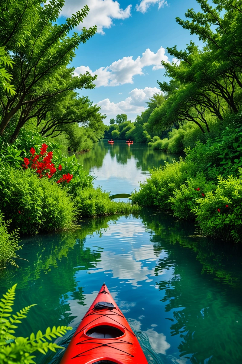 一条宁静的河流,三艘红色的皮艇在河边划动,周围是郁郁葱葱的绿色灌木丛和多云的蓝天。在背景中,一座现代雕塑在水面上拱起。 一条宁静的河流,三艘红色的皮艇在河边划动,周围是郁郁葱葱的绿色灌木丛和多云的蓝天。在背景中,一座现代雕塑在水面上拱起。