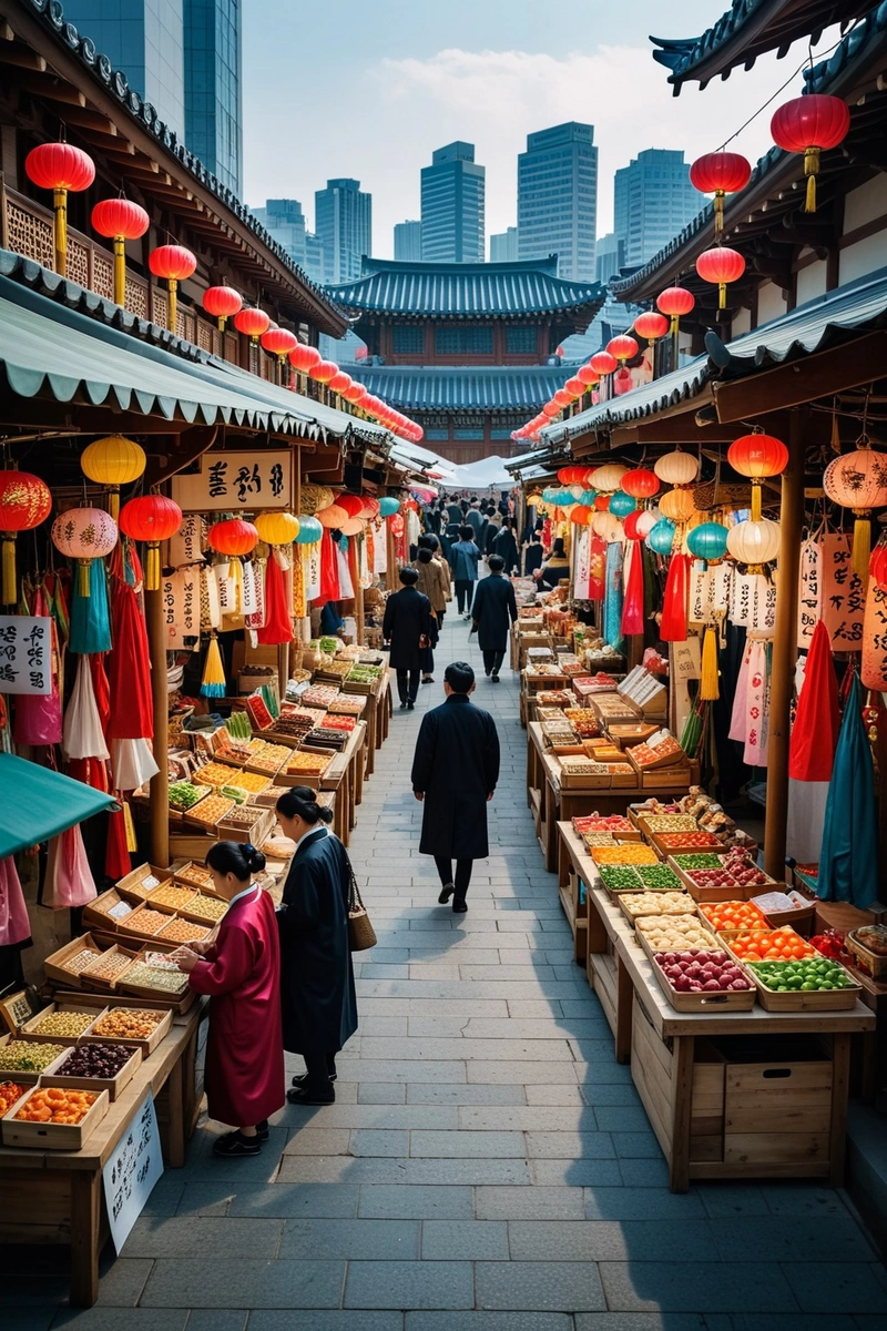 韩国首尔的一个户外市场，商贩们在雨伞下出售商品。市场坐落在一个院子里，背景是一座高楼。小贩们穿着传统的韩国服装，周围是五颜六色的灯笼和招牌。这里的气氛热闹而热闹，许多人走来走去，浏览摊位。市场有独特的韩国风格，木制摊位和五颜六色的装饰。小贩们正在出售各种各样的商品，包括韩国传统小吃和纪念品。天气似乎是晴朗和温暖的，人们享受户外市场。