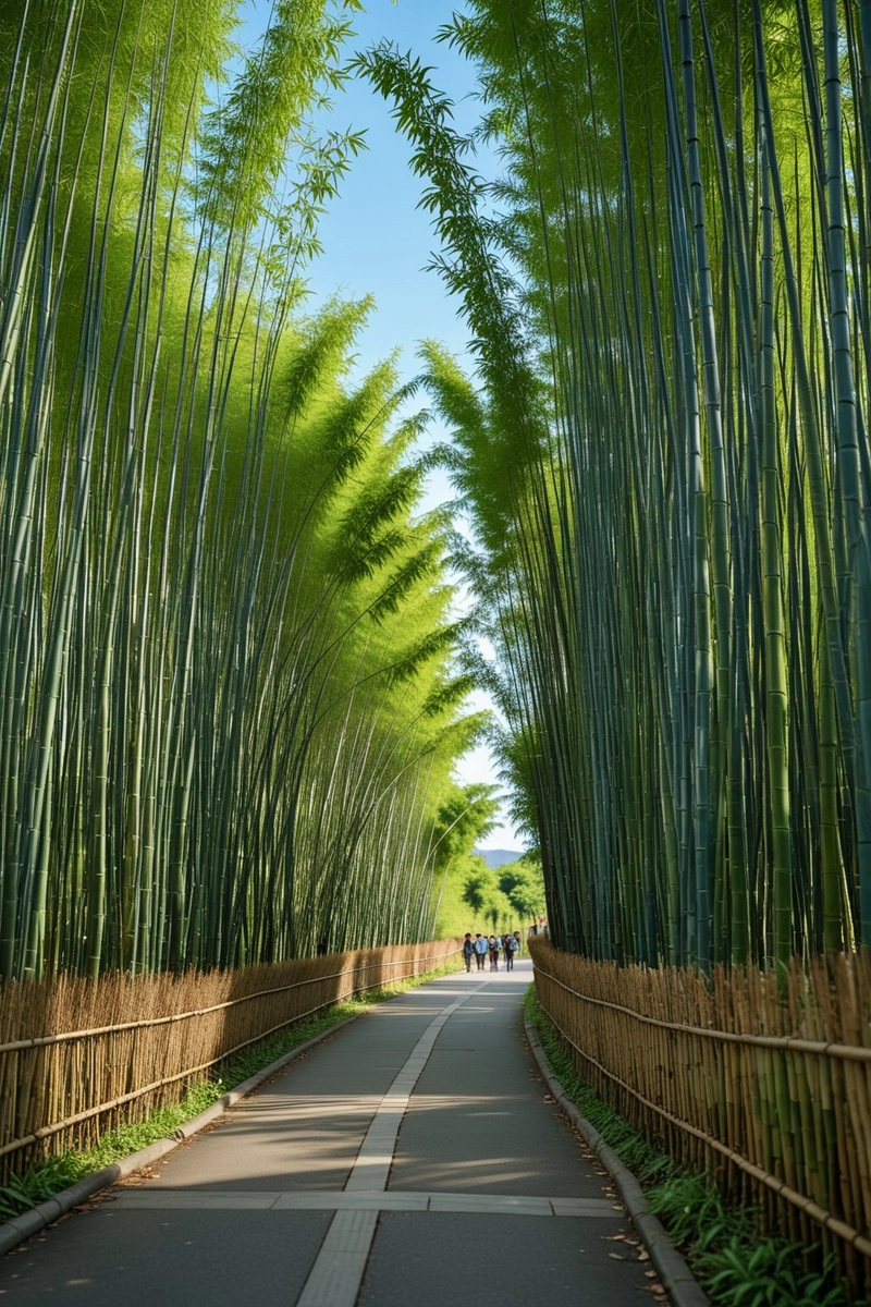 这是一片竹林，周围有高高的篱笆。人们走在竹林右边的人行道上，头顶是一片蓝天。竹子、篱笆、人行道、人、天空。