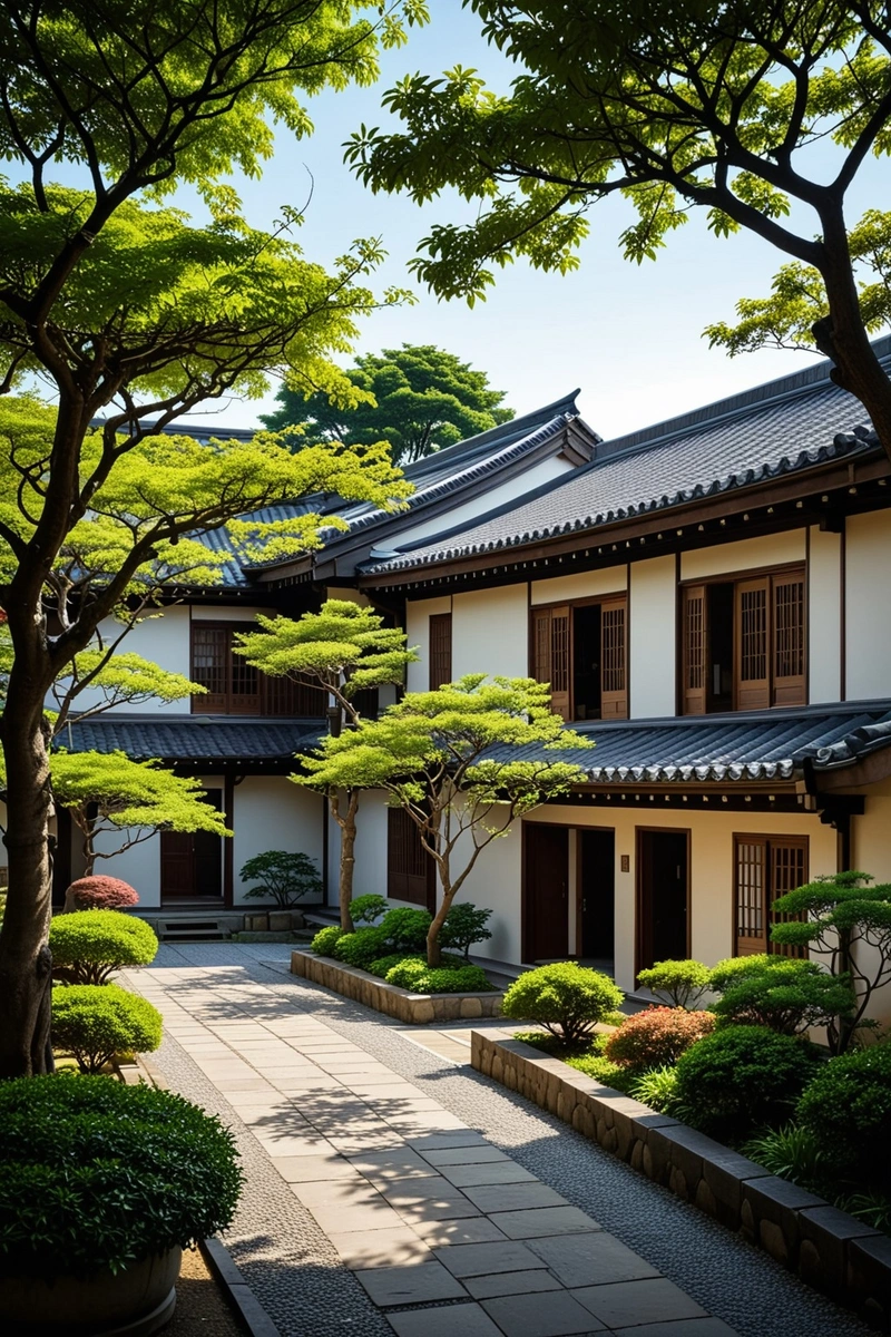图中是一个日式庭院,以传统的日本建筑和维护良好的花园为特色。庭院的左右两侧环绕着几座传统的日式房屋。这些房子是用木头建造的,屋顶上有黑瓦。房子的墙壁被漆成白色,它们有装饰性的屋檐和窗户。庭院中间的一条小路将房子分开,小径两旁种满了五颜六色的灌木和小树。花园里的树木又大又绿,为整个庭院提供了树荫。院子里的天空是蓝色的,看不见云。画面的整体氛围是平静祥和的。 图中是一个日式庭院,以传统的日本建筑和维护良好的花园为特色。庭院的左右两侧环绕着几座传统的日式房屋。这些房子是用木头建造的,屋顶上有黑瓦。房子的墙壁被漆成白色,它们有装饰性的屋檐和窗户。庭院中间的一条小路将房子分开,小径两旁种满了五颜六色的灌木和小树。花园里的树木又大又绿,为整个庭院提供了树荫。院子里的天空是蓝色的,看不见云。画面的整体氛围是平静祥和的。