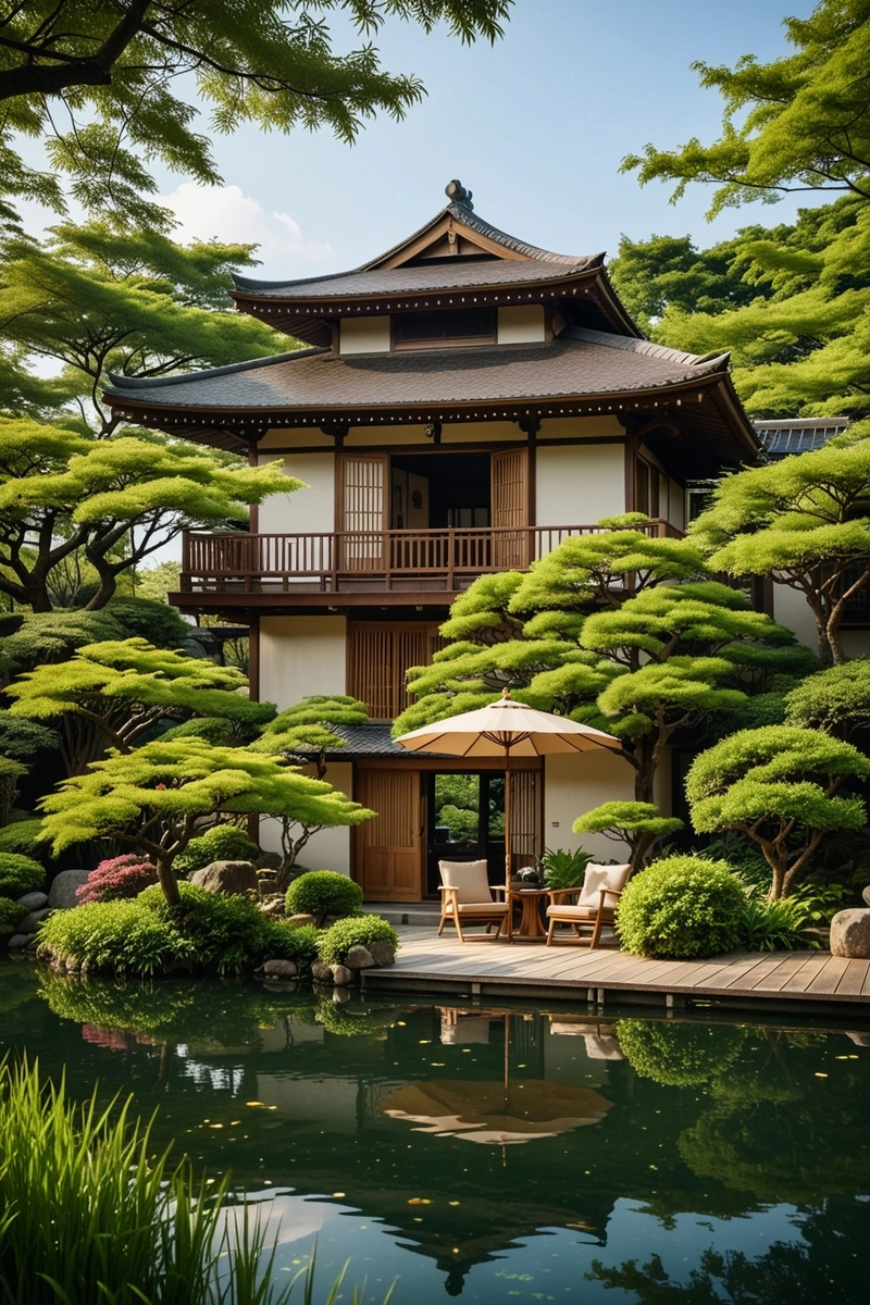 一座传统的日本建筑，前面有一个池塘，甲板上有椅子和雨伞。这座建筑有一个茅草屋顶，周围是一个郁郁葱葱的花园。