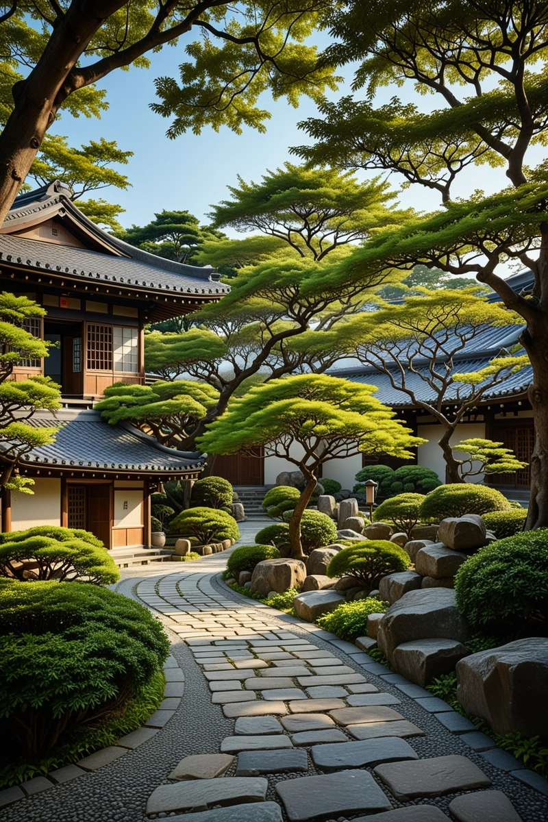 宁静的日式建筑,传统的木制建筑和维护良好的花园,以岩石,树木和灌木元素为特色。建筑坐落在一个宁静的环境中,有一个铺砌的庭院和一条通往入口的石头小路。天空晴朗而湛蓝,表明天气宜人。 宁静的日式建筑,传统的木制建筑和维护良好的花园,以岩石,树木和灌木元素为特色。建筑坐落在一个宁静的环境中,有一个铺砌的庭院和一条通往入口的石头小路。天空晴朗而湛蓝,表明天气宜人。