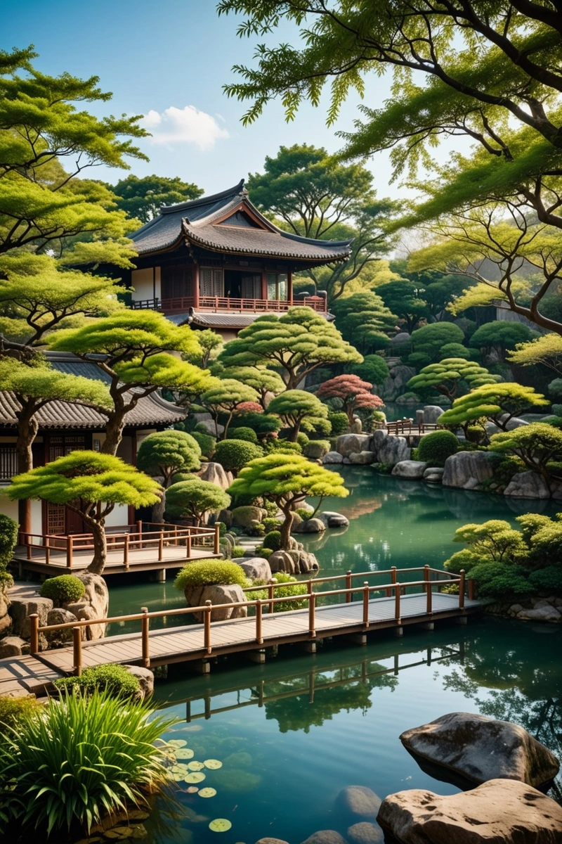 一座日式建筑,有茅草屋顶和池塘上方的木制走道。建筑四周环绕着一个传统的中国园林,有岩石、树木和灌木。天空湛蓝而清澈,表明今天是晴天。 一座日式建筑,有茅草屋顶和池塘上方的木制走道。建筑四周环绕着一个传统的中国园林,有岩石、树木和灌木。天空湛蓝而清澈,表明今天是晴天。