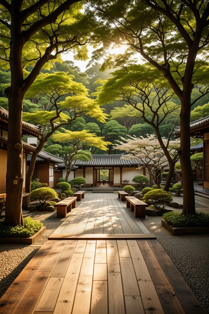 宁静的日式庭院,木质走道,两旁是树木和长凳。一对夫妇走在远处,其他几个人坐在附近的长椅上。场面宁静祥和,有一种宁静的气氛。 宁静的日式庭院,木质走道,两旁是树木和长凳。一对夫妇走在远处,其他几个人坐在附近的长椅上。场面宁静祥和,有一种宁静的气氛。
