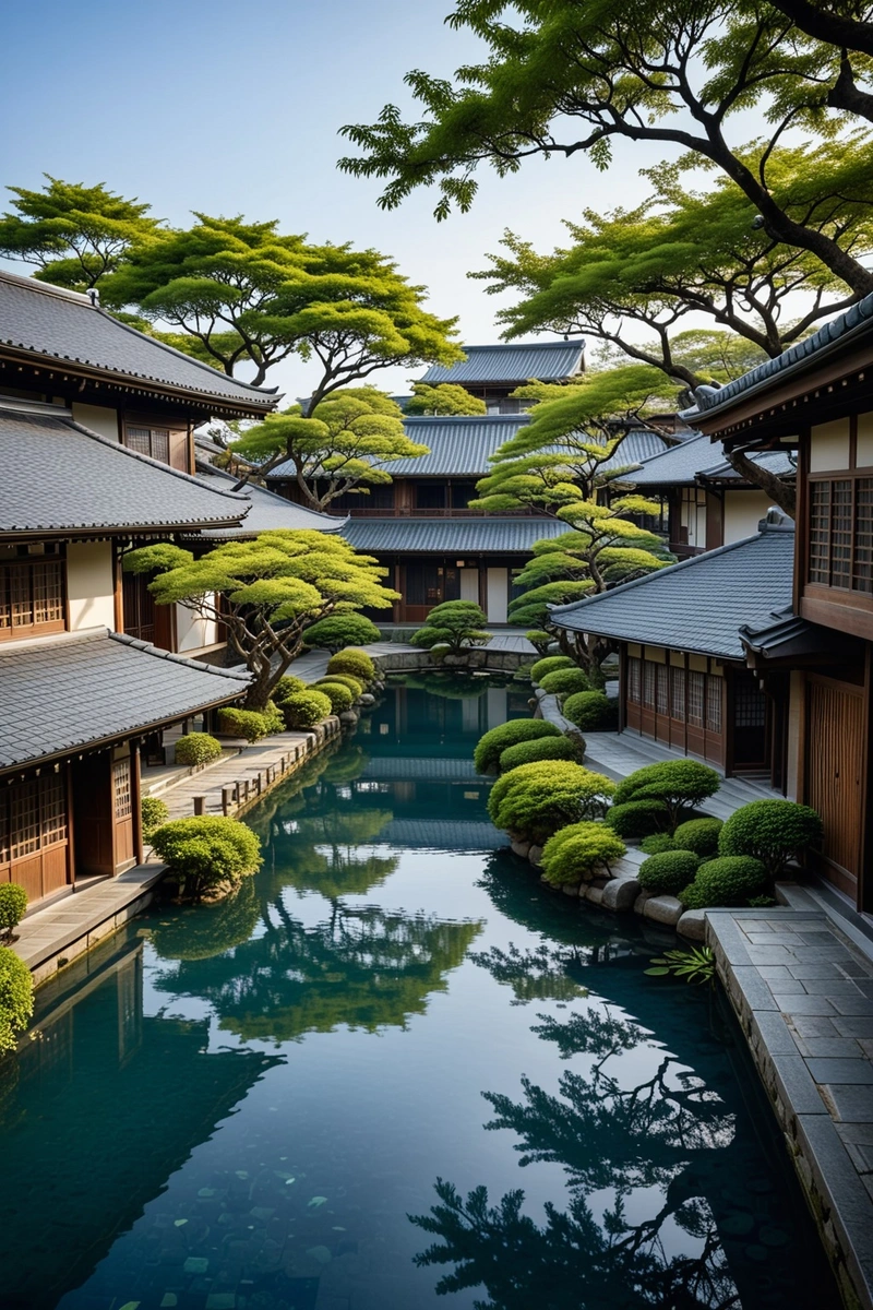 宁静的日本庭院酒店,以传统的木制建筑和灰色瓦片屋顶为特色。建筑围绕着一个带有小池塘和木制走道的中央庭院。天空呈现出美丽的蓝色,预示着今天是晴朗的晴天。整体气氛是和平与安宁的。 宁静的日本庭院酒店,以传统的木制建筑和灰色瓦片屋顶为特色。建筑围绕着一个带有小池塘和木制走道的中央庭院。天空呈现出美丽的蓝色,预示着今天是晴朗的晴天。整体气氛是和平与安宁的。