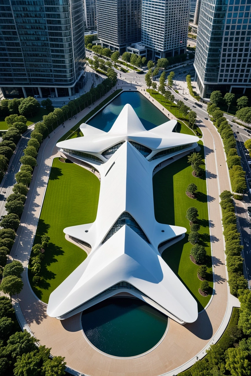 位于海滨的未来主义建筑鸟瞰图,由扎哈·哈迪德建筑事务所设计。该建筑以独特的星形为特色,有多个点,以现代摩天大楼为背景。该结构由白色金属材料制成,使其具有时尚和现代的外观。建筑坐落在一个巨大的三角形基础上,其中还包括一个带有喷泉的水景。建筑周围是一个公园,有几棵树和人行道,为游客提供了一个愉快的户外空间。这张照片有一个明亮而阳光明媚的氛围,背景是清澈的蓝天。 位于海滨的未来主义建筑鸟瞰图,由扎哈·哈迪德建筑事务所设计。该建筑以独特的星形为特色,有多个点,以现代摩天大楼为背景。该结构由白色金属材料制成,使其具有时尚和现代的外观。建筑坐落在一个巨大的三角形基础上,其中还包括一个带有喷泉的水景。建筑周围是一个公园,有几棵树和人行道,为游客提供了一个愉快的户外空间。这张照片有一个明亮而阳光明媚的氛围,背景是清澈的蓝天。