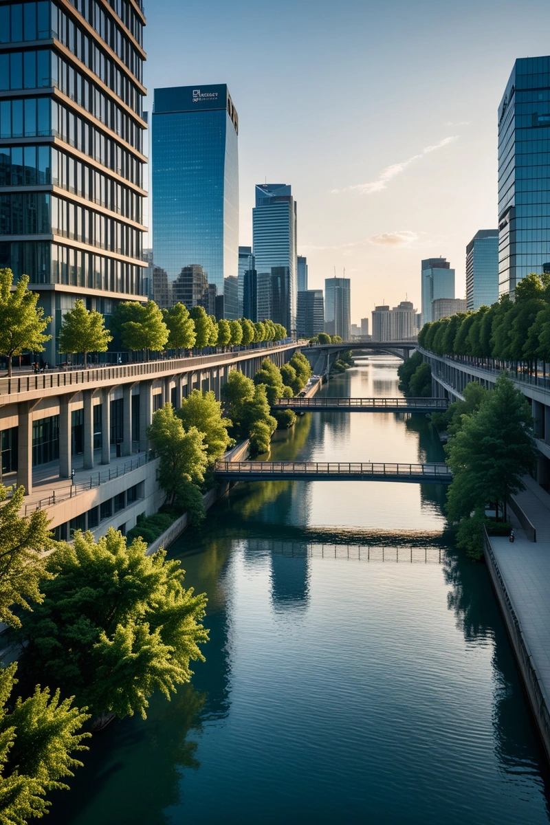 这幅图展示了一条河流穿过的现代城市景观。在前景，有一座大桥通向一座建筑设计独特的现代建筑。背景中可以看到其他高层建筑，显示出繁华的城市环境。天空是湛蓝的，预示着晴天。建筑的整体风格是圆滑和现代的，线条锐利，边缘干净。调色板主要是蓝色和灰色，一些树木的绿色植物散落在整个场景中。这张照片构图很好，河流作为一个自然的焦点，将观众的目光引向城市景观。