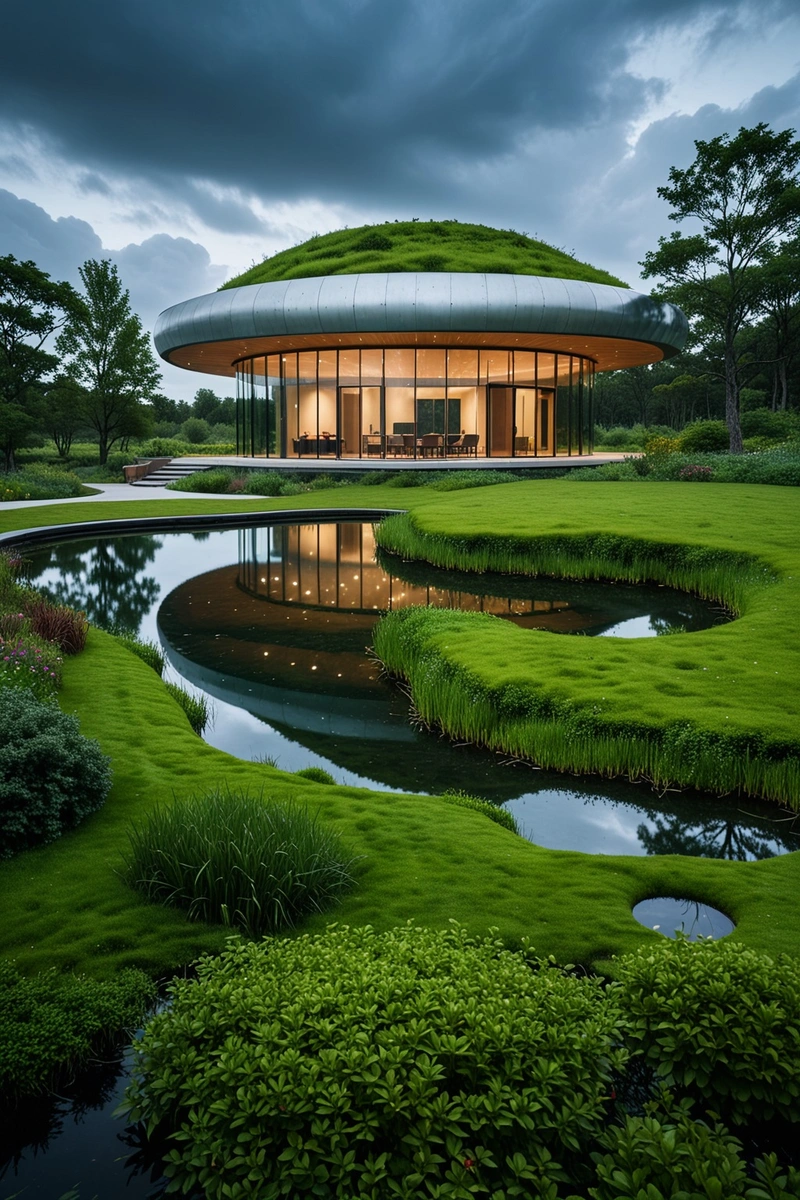 一座带有绿色屋顶的未来主义圆形建筑坐落在池塘中的小岛上。该建筑具有独特的弧形设计,周围环绕着树木和草地的景观花园。该建筑位于一个广阔的开放区域,附近没有其他建筑。天空阴沉沉的,灯光昏暗,给现场一种忧郁的气氛。 一座带有绿色屋顶的未来主义圆形建筑坐落在池塘中的小岛上。该建筑具有独特的弧形设计,周围环绕着树木和草地的景观花园。该建筑位于一个广阔的开放区域,附近没有其他建筑。天空阴沉沉的,灯光昏暗,给现场一种忧郁的气氛。