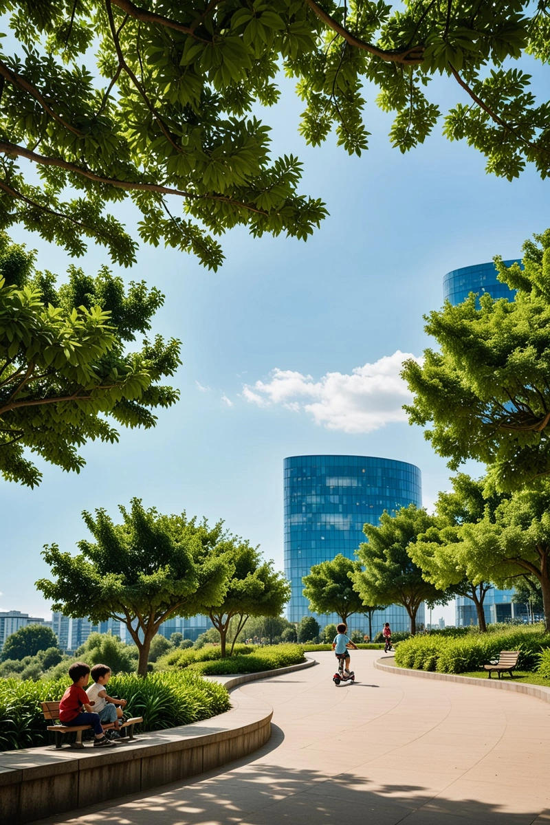 在前景中，一个孩子在斜坡上骑着摩托车，另外两个孩子坐在旁边的长凳上。在背景中，一座高大的弧形建筑在蓝天的衬托下显得格外显眼。建筑独特的造型和现代风格使其成为现场的焦点。周围环境郁郁葱葱，树木和灌木丛给人一种宁静的感觉。这张照片捕捉了一个休闲和玩耍的时刻，孩子们在公园里玩耍，城市的建筑作为美丽的背景。