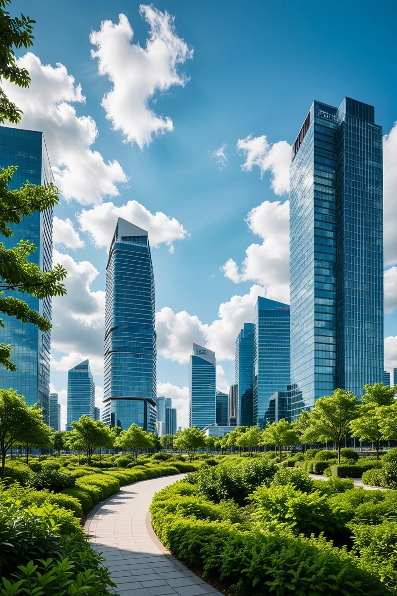 这张照片展示了一个现代的城市景观,混合了高层建筑、摩天大楼和大片的滨水区。这些建筑的设计采用了时尚和未来主义的风格,线条流畅,设计简约。这座城市被一个郁郁葱葱的绿色公园所环绕,公园里有大量的树木和灌木,创造了一个郁郁葱葱的绿色环境。天空是蓝色的,有白色的云,表明这是一个晴朗的日子。该图像捕捉了现代城市环境的本质,即充满活力和可持续发展。 这张照片展示了一个现代的城市景观,混合了高层建筑、摩天大楼和大片的滨水区。这些建筑的设计采用了时尚和未来主义的风格,线条流畅,设计简约。这座城市被一个郁郁葱葱的绿色公园所环绕,公园里有大量的树木和灌木,创造了一个郁郁葱葱的绿色环境。天空是蓝色的,有白色的云,表明这是一个晴朗的日子。该图像捕捉了现代城市环境的本质,即充满活力和可持续发展。