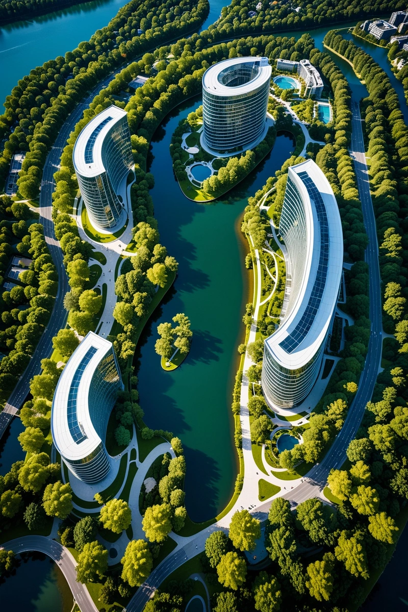 这幅图展示了一个现代城市的鸟瞰图,城市中心有一个大型的绿色公园。公园被一系列弯曲的建筑所包围,这些建筑似乎被白色的织物包裹着。反过来,这些建筑被一系列湖泊和树木所环绕,营造出一种宁静而诱人的氛围。天空是清澈的蓝色,太阳明亮地照耀着,在建筑物和树木上投下温暖的光芒。建筑整体风格圆滑现代,线条简洁,曲线流畅。图像的构图是高度动态的,弯曲的建筑、树木和水一起创造了一种运动和生长的感觉。白色在蓝天的衬托下创造了明亮和通风的感觉,而阳光照射下的建筑和树木的暖色增添了一丝温暖和舒适。这张照片捕捉到了一个现代城市的本质,既繁华又宁静,它的视觉美令人惊叹。 这幅图展示了一个现代城市的鸟瞰图,城市中心有一个大型的绿色公园。公园被一系列弯曲的建筑所包围,这些建筑似乎被白色的织物包裹着。反过来,这些建筑被一系列湖泊和树木所环绕,营造出一种宁静而诱人的氛围。天空是清澈的蓝色,太阳明亮地照耀着,在建筑物和树木上投下温暖的光芒。建筑整体风格圆滑现代,线条简洁,曲线流畅。图像的构图是高度动态的,弯曲的建筑、树木和水一起创造了一种运动和生长的感觉。白色在蓝天的衬托下创造了明亮和通风的感觉,而阳光照射下的建筑和树木的暖色增添了一丝温暖和舒适。这张照片捕捉到了一个现代城市的本质,既繁华又宁静,它的视觉美令人惊叹。