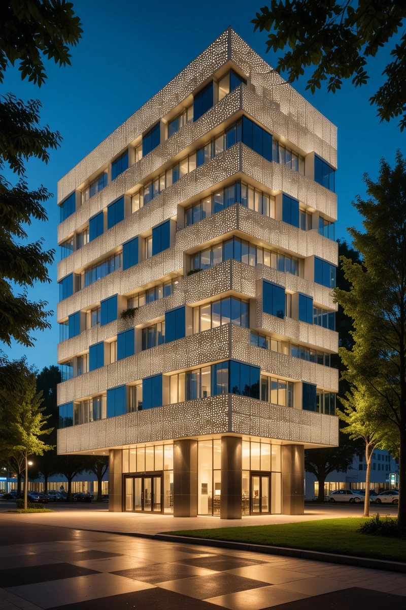 一座外观独特的现代建筑,由白色的方形图案组成。该建筑位于城市环境中,周围环绕着树木和路灯。该建筑具有现代风格,注重简洁的线条和几何形状。建筑在晚上被点亮,营造出一种温暖而诱人的氛围。天空晴朗而湛蓝,预示着好天气。 一座外观独特的现代建筑,由白色的方形图案组成。该建筑位于城市环境中,周围环绕着树木和路灯。该建筑具有现代风格,注重简洁的线条和几何形状。建筑在晚上被点亮,营造出一种温暖而诱人的氛围。天空晴朗而湛蓝,预示着好天气。