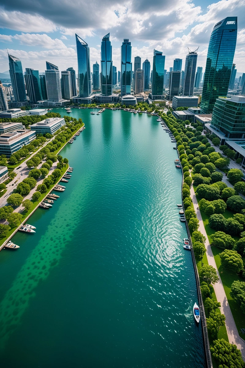这张图片展示了一个现代城市的鸟瞰图,以一个大型滨水区和一个精心设计的公园为特色。公园里种满了各种各样的树木和植物,创造了一个郁郁葱葱的绿色环境。高耸的摩天大楼占据了城市的天际线,展示了现代建筑风格的混合。这些建筑色彩鲜艳,有些还采用了玻璃外墙,给人一种充满活力和活力的感觉。这张照片是在一个阴天拍摄的,背景是湛蓝的天空。这座城市坐落在一大片水域旁,水面上漂浮着几艘船。图像的整体色调是充满活力和明亮的,重点是水和天空的蓝色和绿色调。 这张图片展示了一个现代城市的鸟瞰图,以一个大型滨水区和一个精心设计的公园为特色。公园里种满了各种各样的树木和植物,创造了一个郁郁葱葱的绿色环境。高耸的摩天大楼占据了城市的天际线,展示了现代建筑风格的混合。这些建筑色彩鲜艳,有些还采用了玻璃外墙,给人一种充满活力和活力的感觉。这张照片是在一个阴天拍摄的,背景是湛蓝的天空。这座城市坐落在一大片水域旁,水面上漂浮着几艘船。图像的整体色调是充满活力和明亮的,重点是水和天空的蓝色和绿色调。
