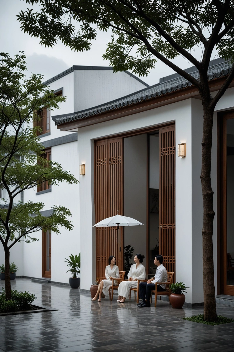 一对夫妇坐在中国传统建筑的现代房子外面的椅子上。这座房子由白色砖和木制装饰而成。这对夫妇打着伞,可能是为了避雨。天空灰蒙蒙的,阴沉沉的,院子里有一棵小树。这个场景给人一种平静和放松的感觉。 一对夫妇坐在中国传统建筑的现代房子外面的椅子上。这座房子由白色砖和木制装饰而成。这对夫妇打着伞,可能是为了避雨。天空灰蒙蒙的,阴沉沉的,院子里有一棵小树。这个场景给人一种平静和放松的感觉。
