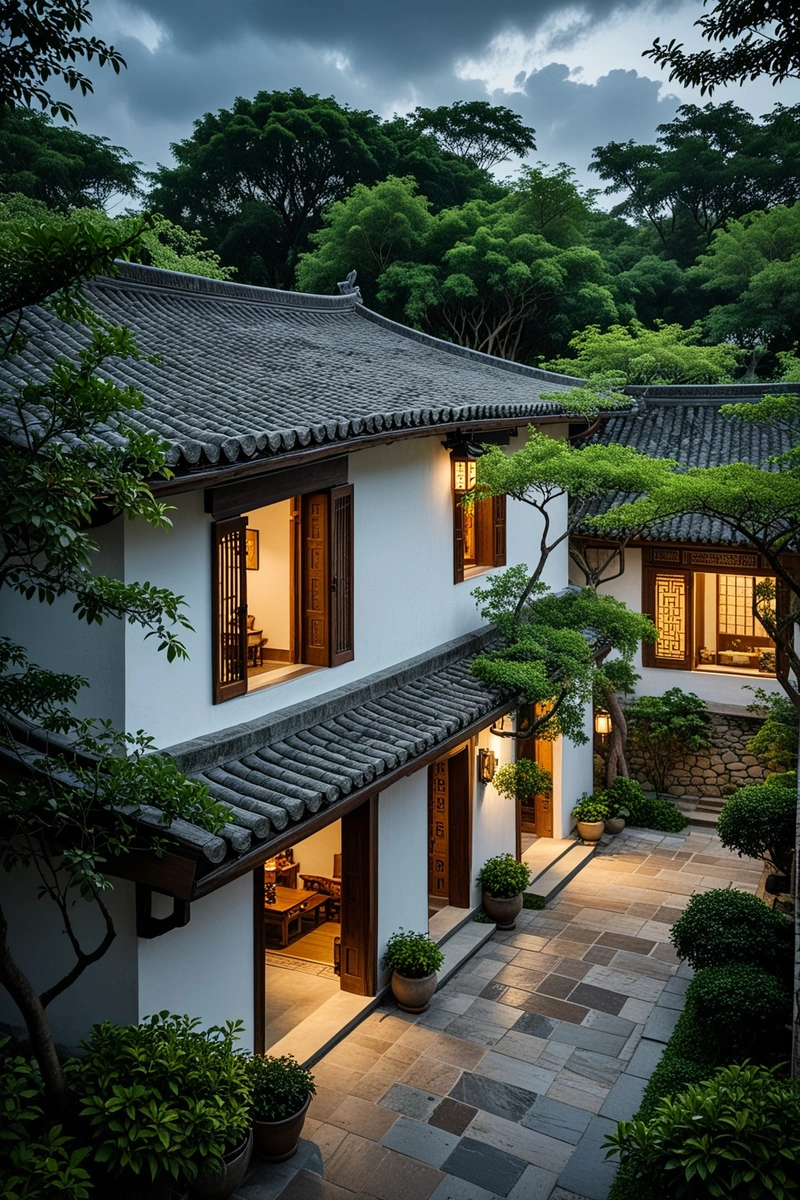 一个宁静的乡村别墅,具有传统的中国建筑风格。房子是白色的,屋顶是灰色的,有郁郁葱葱的绿色庭院,石墙和木制的细节。天空多云,室内灯光发出温暖的黄色光芒。这张照片捕捉到了村庄环境的美丽和宁静。 一个宁静的乡村别墅,具有传统的中国建筑风格。房子是白色的,屋顶是灰色的,有郁郁葱葱的绿色庭院,石墙和木制的细节。天空多云,室内灯光发出温暖的黄色光芒。这张照片捕捉到了村庄环境的美丽和宁静。