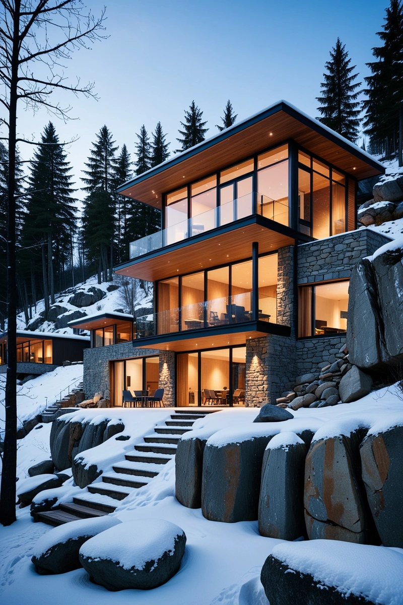 一座坐落在白雪皑皑山坡上的现代住宅,四周环绕着巨石和树木。房子是木制的,有大窗户,给人一种舒适温暖的感觉。外部被雪覆盖,增添了宁静祥和的氛围。房子坐落在一个小斜坡上,附近停着一辆汽车。天空是蓝色的,飘着几朵云,表明这是一个晴朗的晴天。房子的整体风格是现代的,注重自然材料和干净的线条。构图是平衡的,房子、树木、岩石和天空一起创造了一个美丽而诱人的场景。在房子里使用温暖的照明增加了图像的舒适感觉。 一座坐落在白雪皑皑山坡上的现代住宅,四周环绕着巨石和树木。房子是木制的,有大窗户,给人一种舒适温暖的感觉。外部被雪覆盖,增添了宁静祥和的氛围。房子坐落在一个小斜坡上,附近停着一辆汽车。天空是蓝色的,飘着几朵云,表明这是一个晴朗的晴天。房子的整体风格是现代的,注重自然材料和干净的线条。构图是平衡的,房子、树木、岩石和天空一起创造了一个美丽而诱人的场景。在房子里使用温暖的照明增加了图像的舒适感觉。