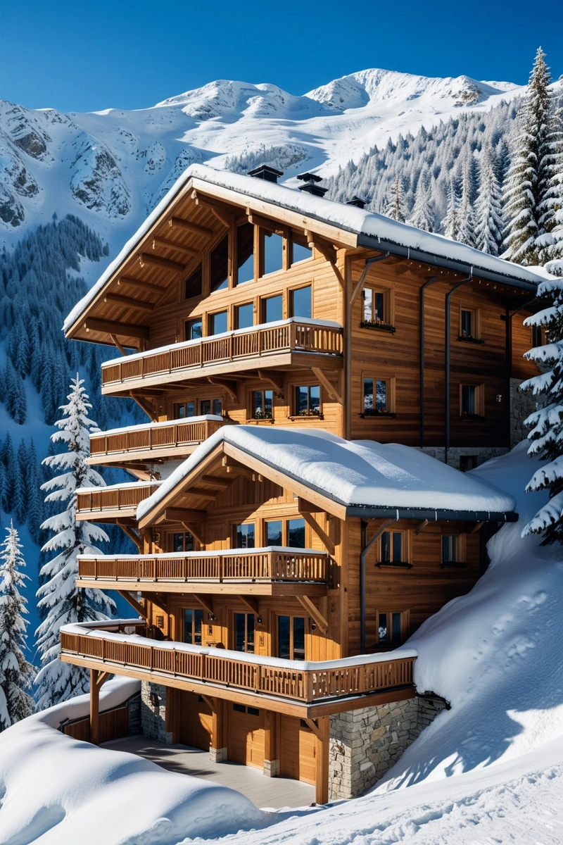 一个巨大的木制滑雪小屋坐落在白雪皑皑的山顶上,周围是白雪覆盖的树木。外部被雪覆盖,木制阳台和甲板提供了周围群山的壮丽景色。在小木屋的前面,有一辆车停在一个建在山边的车库里。天空晴朗而湛蓝,表明今天是晴天。这张照片完美地捕捉了在山间小屋滑雪度假的精髓。 一个巨大的木制滑雪小屋坐落在白雪皑皑的山顶上,周围是白雪覆盖的树木。外部被雪覆盖,木制阳台和甲板提供了周围群山的壮丽景色。在小木屋的前面,有一辆车停在一个建在山边的车库里。天空晴朗而湛蓝,表明今天是晴天。这张照片完美地捕捉了在山间小屋滑雪度假的精髓。