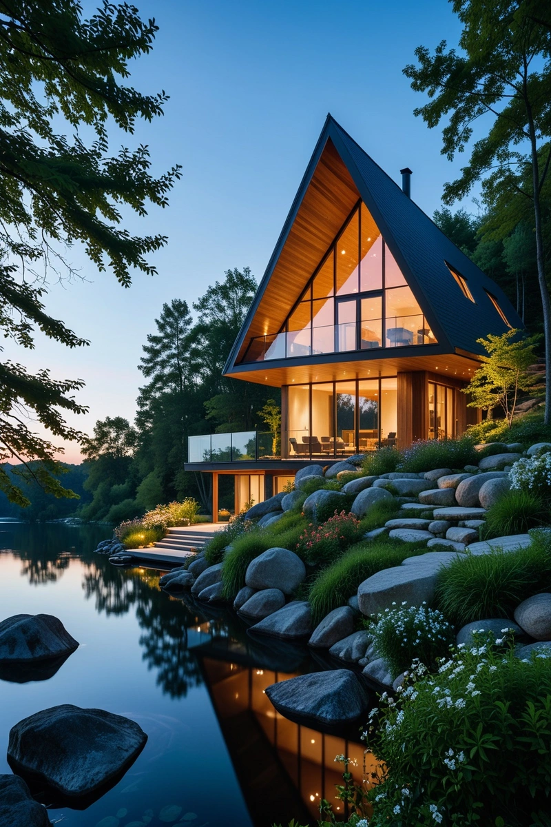 一座坐落在湖岸的现代住宅,四周环绕着树木。房子设计成三角形,有大窗户,可以看到湖的全景。外部是木制的,有一个圆滑的,极简的设计。房子被点亮了,在外面投射出温暖的光芒。天空晴朗湛蓝,预示着这是一个平静祥和的夜晚。景观保存得很好,前景有一块大岩石露出地面,还有一个长满灌木和鲜花的小花园。房屋和景观的整体风格是现代和极简主义,强调自然元素。构图是平衡的,房子是中心焦点,周围是湖泊、树木和天空。光和色彩的运用创造了一种和谐与宁静的感觉。 一座坐落在湖岸的现代住宅,四周环绕着树木。房子设计成三角形,有大窗户,可以看到湖的全景。外部是木制的,有一个圆滑的,极简的设计。房子被点亮了,在外面投射出温暖的光芒。天空晴朗湛蓝,预示着这是一个平静祥和的夜晚。景观保存得很好,前景有一块大岩石露出地面,还有一个长满灌木和鲜花的小花园。房屋和景观的整体风格是现代和极简主义,强调自然元素。构图是平衡的,房子是中心焦点,周围是湖泊、树木和天空。光和色彩的运用创造了一种和谐与宁静的感觉。