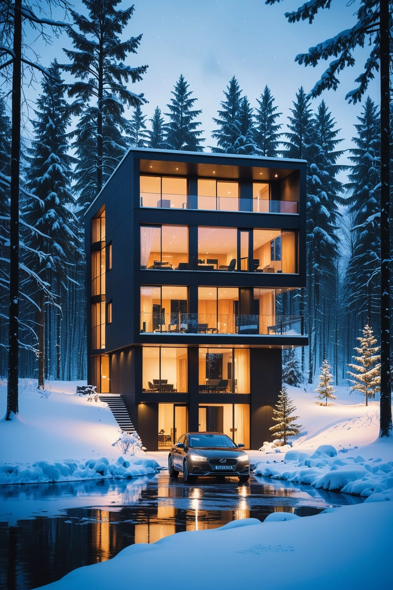 一座现代住宅坐落在白雪皑皑的森林中,周围是高大的树木和结冰的湖泊。房子从内部被照亮,在雪景上投下温暖的光芒。一辆汽车开过,在雪地上留下了车辙。天空阴沉沉的,给场景增添了一种戏剧感。这栋房子的建筑风格时尚而现代,有几扇大窗户,可以看到美丽的冬季景色。景观设计得很好,混合了自然元素,如树木和冰冻的湖泊,以及人造元素,如车道和汽车。整体风格是自然与城市生活的和谐融合。这张照片捕捉了一个被季节的魔力包围的现代家庭的美丽和宁静的冬夜。 一座现代住宅坐落在白雪皑皑的森林中,周围是高大的树木和结冰的湖泊。房子从内部被照亮,在雪景上投下温暖的光芒。一辆汽车开过,在雪地上留下了车辙。天空阴沉沉的,给场景增添了一种戏剧感。这栋房子的建筑风格时尚而现代,有几扇大窗户,可以看到美丽的冬季景色。景观设计得很好,混合了自然元素,如树木和冰冻的湖泊,以及人造元素,如车道和汽车。整体风格是自然与城市生活的和谐融合。这张照片捕捉了一个被季节的魔力包围的现代家庭的美丽和宁静的冬夜。