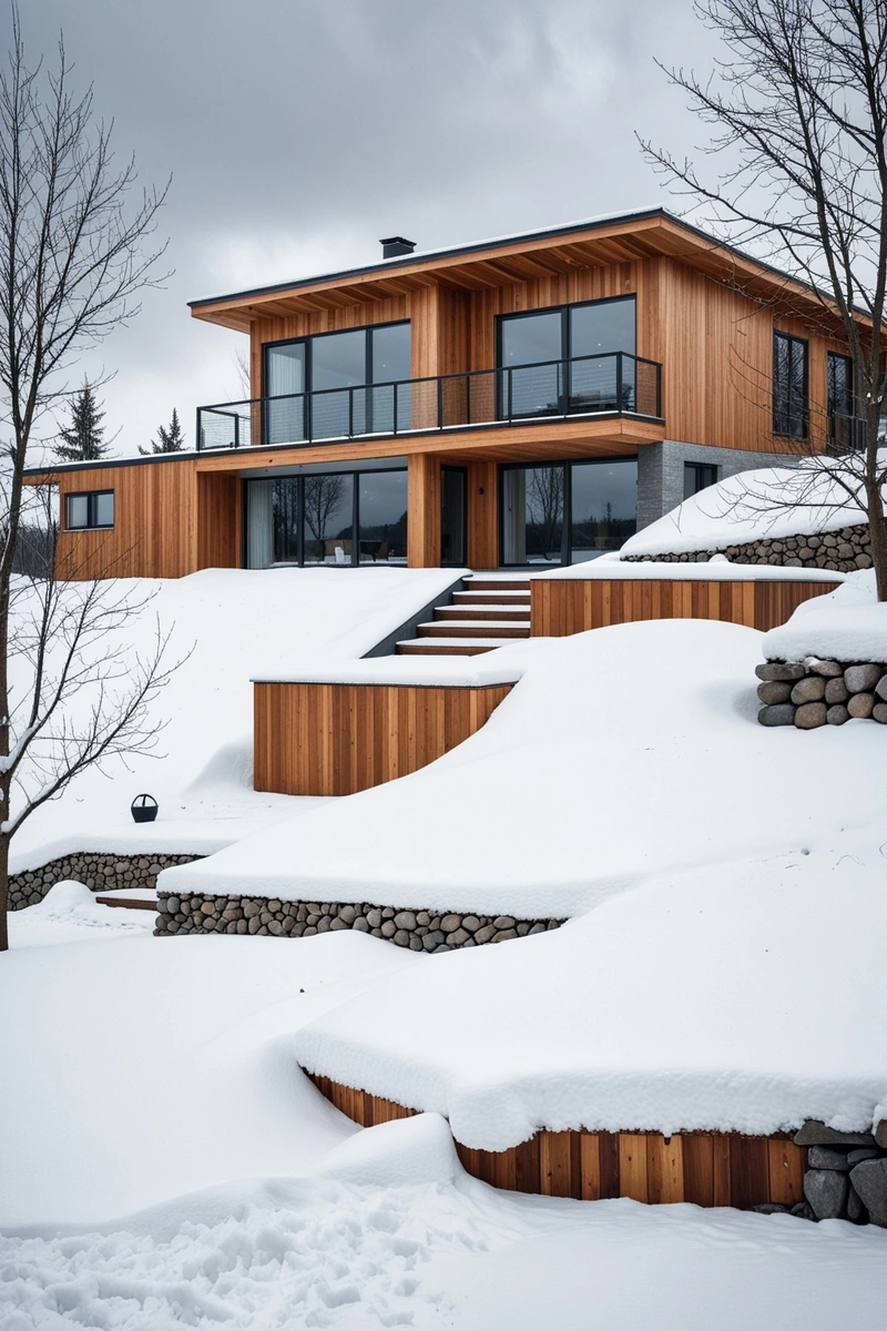 一座木质外观的现代住宅被雪景所环绕。这座房子建在山上，有一个大露台，可以俯瞰周围的雪景。天空阴云密布，背景中的树木光秃秃的，预示着冬天的来临。这座房子是现代风格的，混合了木材和混凝土材料。雪在屋前堆积起来，形成了一幅美丽的冬日景色。