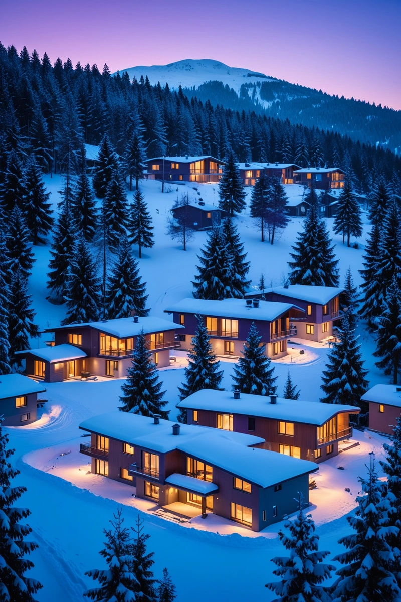 一群有着独特弧形屋顶的现代房屋被雪覆盖着。这些建筑坐落在一个覆盖着积雪的常绿树木的森林地区。这是一个冬季仙境,房屋被温暖的灯光照亮,营造出一种舒适的氛围。这张照片是在黄昏拍摄的,天空被涂上了蓝色和紫色的渐变。建筑和景观共同创造了一个和谐宁静的场景。 一群有着独特弧形屋顶的现代房屋被雪覆盖着。这些建筑坐落在一个覆盖着积雪的常绿树木的森林地区。这是一个冬季仙境,房屋被温暖的灯光照亮,营造出一种舒适的氛围。这张照片是在黄昏拍摄的,天空被涂上了蓝色和紫色的渐变。建筑和景观共同创造了一个和谐宁静的场景。