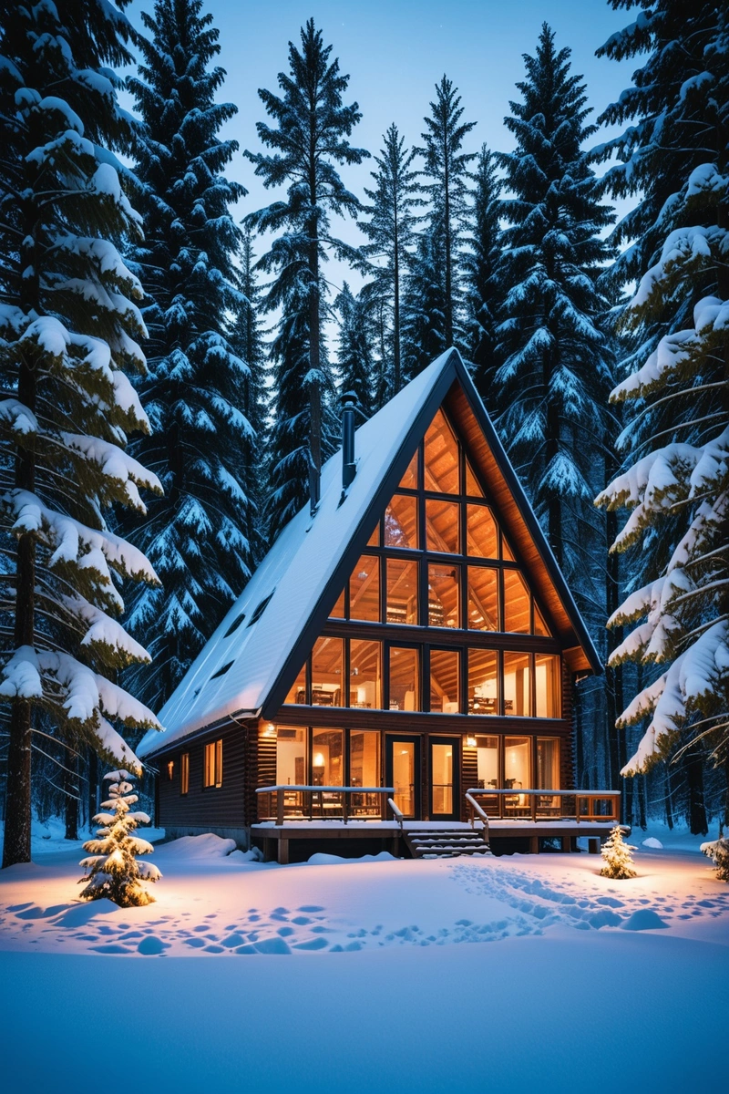 黄昏时,一间舒适的小屋坐落在白雪皑皑的森林中。房子四周是高大的树木,覆盖着一层厚厚的雪。小屋内温暖的光线与黑暗的白雪形成对比。房屋的三角形设计被灯光照亮,使其在雪景中脱颖而出。现场有一个平静和宁静的气氛,完美的冬季度假。 黄昏时,一间舒适的小屋坐落在白雪皑皑的森林中。房子四周是高大的树木,覆盖着一层厚厚的雪。小屋内温暖的光线与黑暗的白雪形成对比。房屋的三角形设计被灯光照亮,使其在雪景中脱颖而出。现场有一个平静和宁静的气氛,完美的冬季度假。