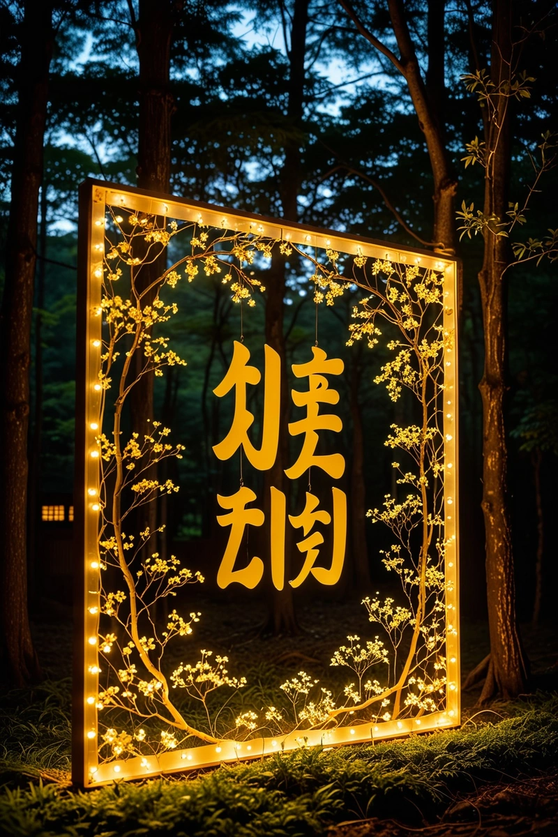 在一片郁郁葱葱的森林空地上,一串仙女灯照亮了一个宁静的日本元宵节。场景沐浴在温暖的黄色光线中,在周围的树木上投射出复杂的光影图案。一块又高又细的霓虹灯招牌竖立在空地的中央,上面写着传统的日文。气氛是宁静和神奇的,与精灵灯的温柔摇摆增加梦幻的气氛。 在一片郁郁葱葱的森林空地上,一串仙女灯照亮了一个宁静的日本元宵节。场景沐浴在温暖的黄色光线中,在周围的树木上投射出复杂的光影图案。一块又高又细的霓虹灯招牌竖立在空地的中央,上面写着传统的日文。气氛是宁静和神奇的,与精灵灯的温柔摇摆增加梦幻的气氛。