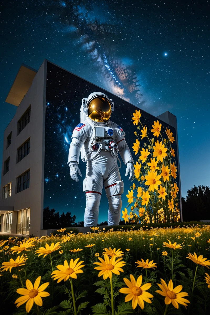 一座建筑装饰着一幅大型照明壁画,描绘的是一名宇航员站在星空前。场景设定在晚上,建筑的灯光照亮了周围地区。在前景中,一片金色的鲜花为场景增添了一丝奇思妙想。建筑的整体风格是现代的,线条简洁,设计流畅。这张照片构图很好,宇航员壁画是中心兴趣点。光和色彩的使用增加了图像的深度和维度,使它成为一个引人注目和令人难忘的景象。 一座建筑装饰着一幅大型照明壁画,描绘的是一名宇航员站在星空前。场景设定在晚上,建筑的灯光照亮了周围地区。在前景中,一片金色的鲜花为场景增添了一丝奇思妙想。建筑的整体风格是现代的,线条简洁,设计流畅。这张照片构图很好,宇航员壁画是中心兴趣点。光和色彩的使用增加了图像的深度和维度,使它成为一个引人注目和令人难忘的景象。