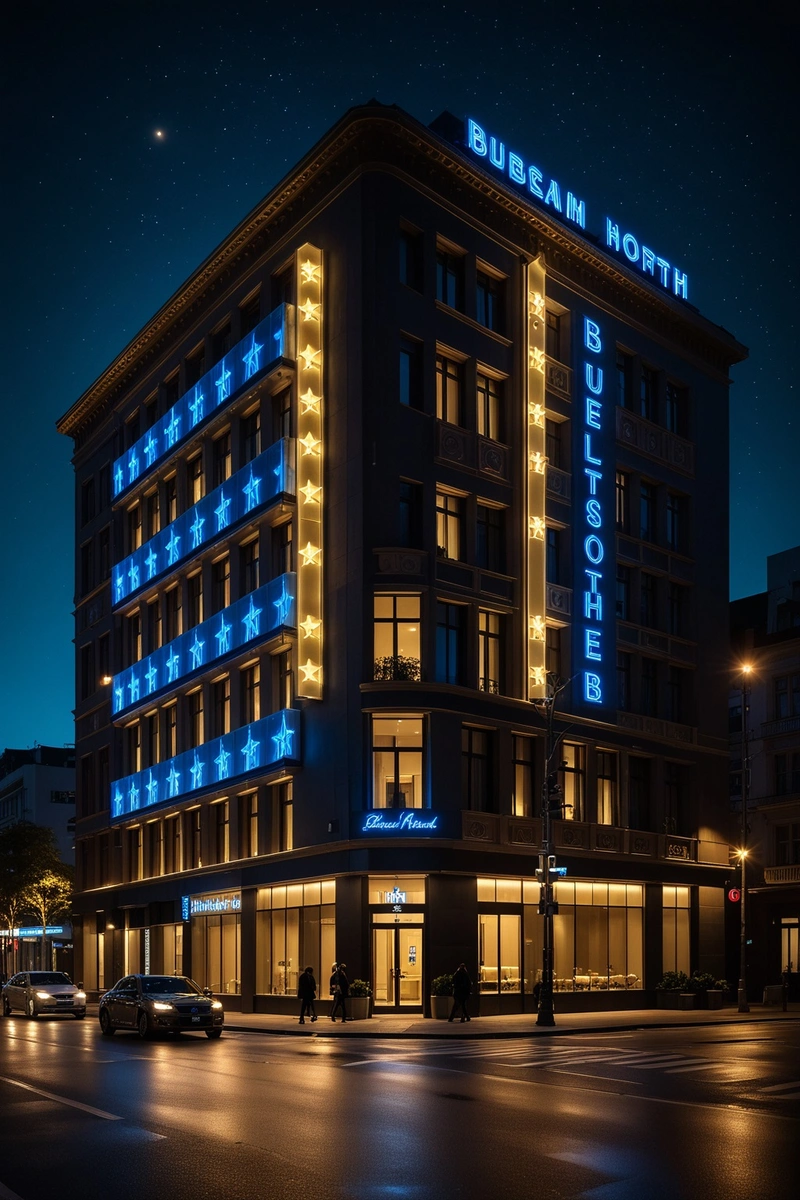 这幅图描绘了一座位于城市街角的大型酒店建筑。这座建筑在夜间灯火通明,展示了一种现代设计,蓝色的灯光照亮了它的立面。酒店的名字“睡眠酒店”(The Sleep hotel)醒目地展示在楼上。街道上汽车驶过,前景中可以看到其中三辆。人行道上有行人,有些人拿着手提包。天空一片漆黑,隐约可见几颗星星。路灯为场景提供了额外的照明,在建筑物和汽车上投射出温暖的黄色灯光。 这幅图描绘了一座位于城市街角的大型酒店建筑。这座建筑在夜间灯火通明,展示了一种现代设计,蓝色的灯光照亮了它的立面。酒店的名字“睡眠酒店”(The Sleep hotel)醒目地展示在楼上。街道上汽车驶过,前景中可以看到其中三辆。人行道上有行人,有些人拿着手提包。天空一片漆黑,隐约可见几颗星星。路灯为场景提供了额外的照明,在建筑物和汽车上投射出温暖的黄色灯光。