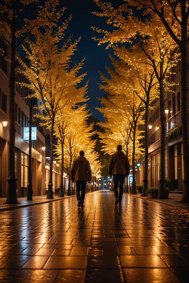 一个男人晚上走在人行道上,周围是美丽的树木。灯光营造出温暖喜庆的气氛。背景中的建筑灯火通明,为城市街道增添了热闹的气氛。天空一片漆黑,街灯在人行道上投下金光。 一个男人晚上走在人行道上,周围是美丽的树木。灯光营造出温暖喜庆的气氛。背景中的建筑灯火通明,为城市街道增添了热闹的气氛。天空一片漆黑,街灯在人行道上投下金光。