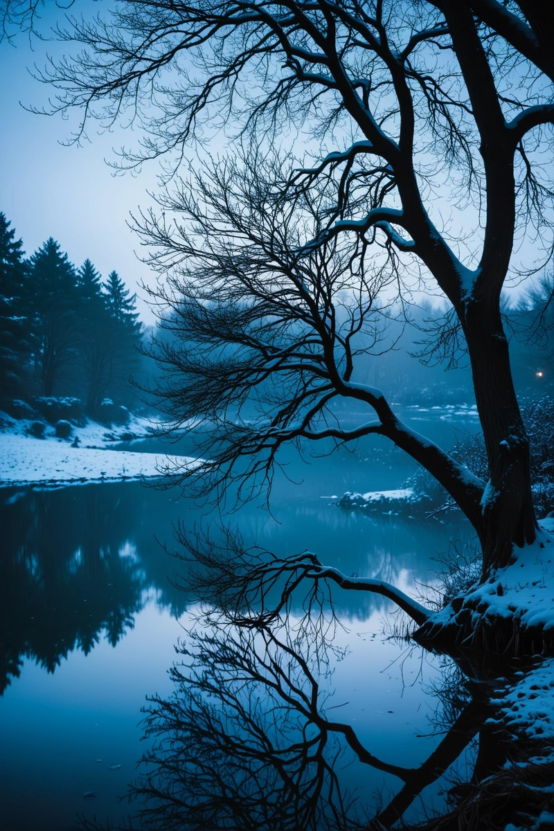 一个宁静的冬季场景，一个被雪覆盖的树和池塘，被柔和的光芒照亮。树枝倒映在平静的水面上，营造出一种宁静的氛围。场景以黑暗、忧郁的风格拍摄，戏剧性的灯光效果增加了整体情绪。颜色柔和而凉爽，以蓝色为主调。天气似乎平静而晴朗，没有降水的迹象。