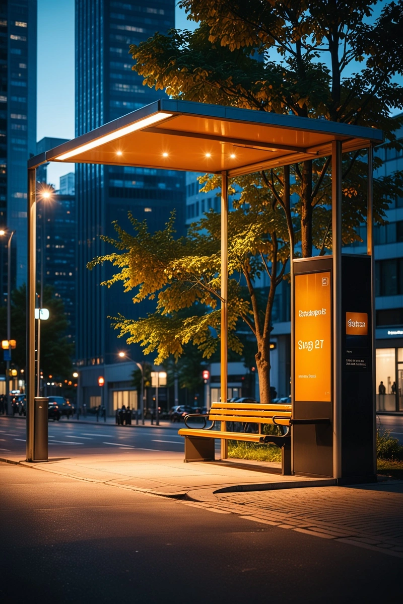 城市街道上矗立着一个明亮的、灯火通明的公交车站,周围是高楼和树木。人们坐在车站内外的长椅上,享受着温暖的夜晚。天空是蓝色和橙色色调的混合,表明日落时阳光的存在。这个场景是城市和自然元素的美丽融合,创造了一个宁静的氛围。 城市街道上矗立着一个明亮的、灯火通明的公交车站,周围是高楼和树木。人们坐在车站内外的长椅上,享受着温暖的夜晚。天空是蓝色和橙色色调的混合,表明日落时阳光的存在。这个场景是城市和自然元素的美丽融合,创造了一个宁静的氛围。