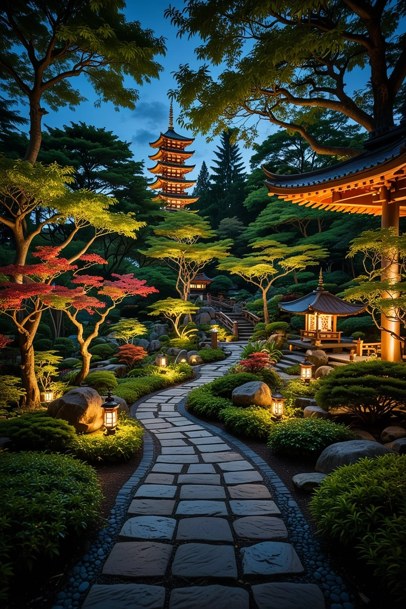 夜晚宁静的日本花园,彩色灯光照亮了高大的树木和人行道。一座小宝塔矗立在花园中央,周围是草和木结构。地上铺着一条石径,石径上刻着一条巨龙图案。天空是黑暗的,但花园却充满了光明。整体风格宁静祥和,注重自然元素。灯光给场景增添了一种神奇的触感。 夜晚宁静的日本花园,彩色灯光照亮了高大的树木和人行道。一座小宝塔矗立在花园中央,周围是草和木结构。地上铺着一条石径,石径上刻着一条巨龙图案。天空是黑暗的,但花园却充满了光明。整体风格宁静祥和,注重自然元素。灯光给场景增添了一种神奇的触感。