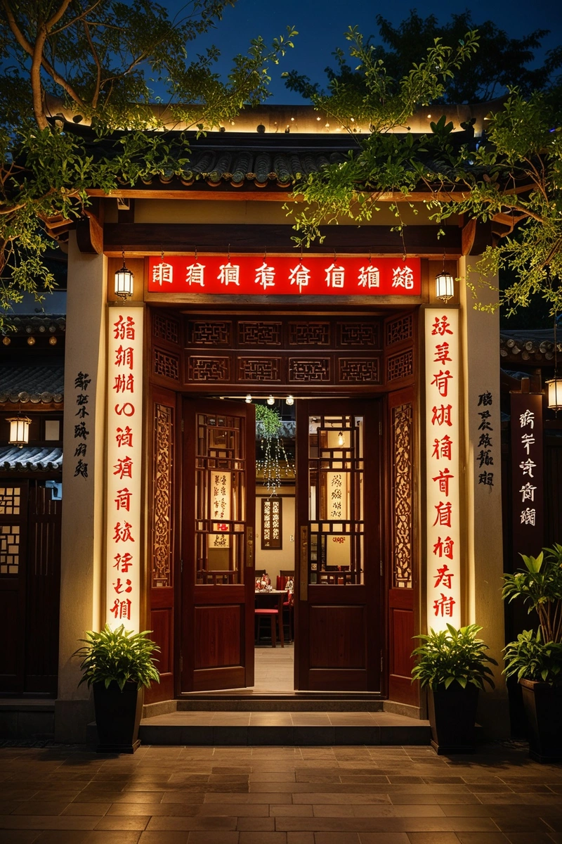 一家名为“宝宝娘娘”的中餐馆,晚上门口挂满了彩灯。这家餐厅是木制的,有一种乡村风格。这里有一个小花园,里面有盛开的樱花树和装饰灯,营造出温暖而诱人的氛围。外部用汉字装饰,增加了一点文化意义。这幅画捕捉到了中国热情好客的精髓和传统建筑之美。 一家名为“宝宝娘娘”的中餐馆,晚上门口挂满了彩灯。这家餐厅是木制的,有一种乡村风格。这里有一个小花园,里面有盛开的樱花树和装饰灯,营造出温暖而诱人的氛围。外部用汉字装饰,增加了一点文化意义。这幅画捕捉到了中国热情好客的精髓和传统建筑之美。