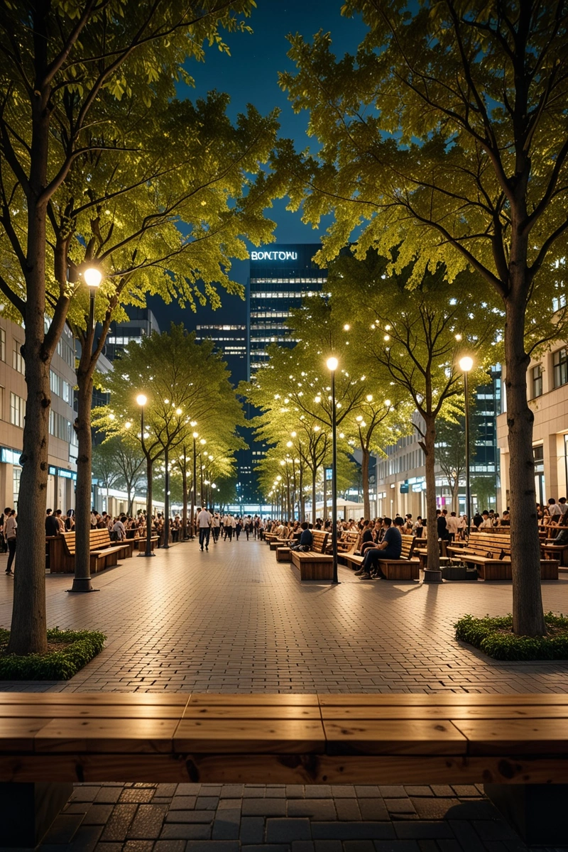 夜晚熙熙攘攘的城市广场,人们坐在现代照明设备下的木凳上。该地区被树木和办公楼包围。气氛是热闹热闹的。 夜晚熙熙攘攘的城市广场,人们坐在现代照明设备下的木凳上。该地区被树木和办公楼包围。气氛是热闹热闹的。