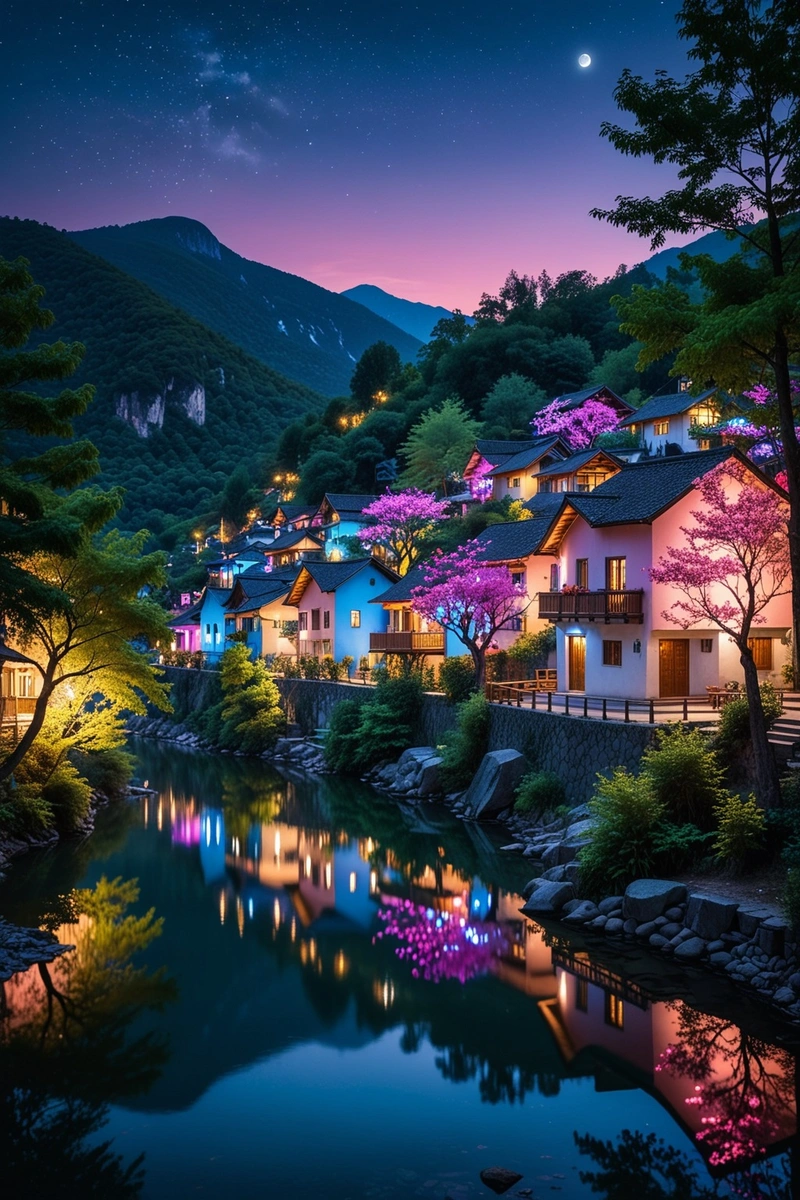 一个风景如画的村庄坐落在群山之中,中心是一个宁静的湖泊。五彩缤纷的灯光照亮了整个村庄,在建筑物和树木上投下温暖的光芒。天空中可以看到月亮,在一切事物上投下银色的光芒。村庄被郁郁葱葱的绿色植物包围着,树上装饰着蓝色和粉红色的灯。建筑物本身装饰着五颜六色的灯光,营造出节日的气氛。这个场景是自然光和人造光的完美融合,营造出一种神奇的氛围。 一个风景如画的村庄坐落在群山之中,中心是一个宁静的湖泊。五彩缤纷的灯光照亮了整个村庄,在建筑物和树木上投下温暖的光芒。天空中可以看到月亮,在一切事物上投下银色的光芒。村庄被郁郁葱葱的绿色植物包围着,树上装饰着蓝色和粉红色的灯。建筑物本身装饰着五颜六色的灯光,营造出节日的气氛。这个场景是自然光和人造光的完美融合,营造出一种神奇的氛围。