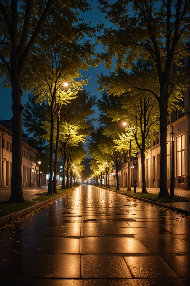 夜晚安静的街道，人行道两旁排列着树木，路灯照亮了整个地区。