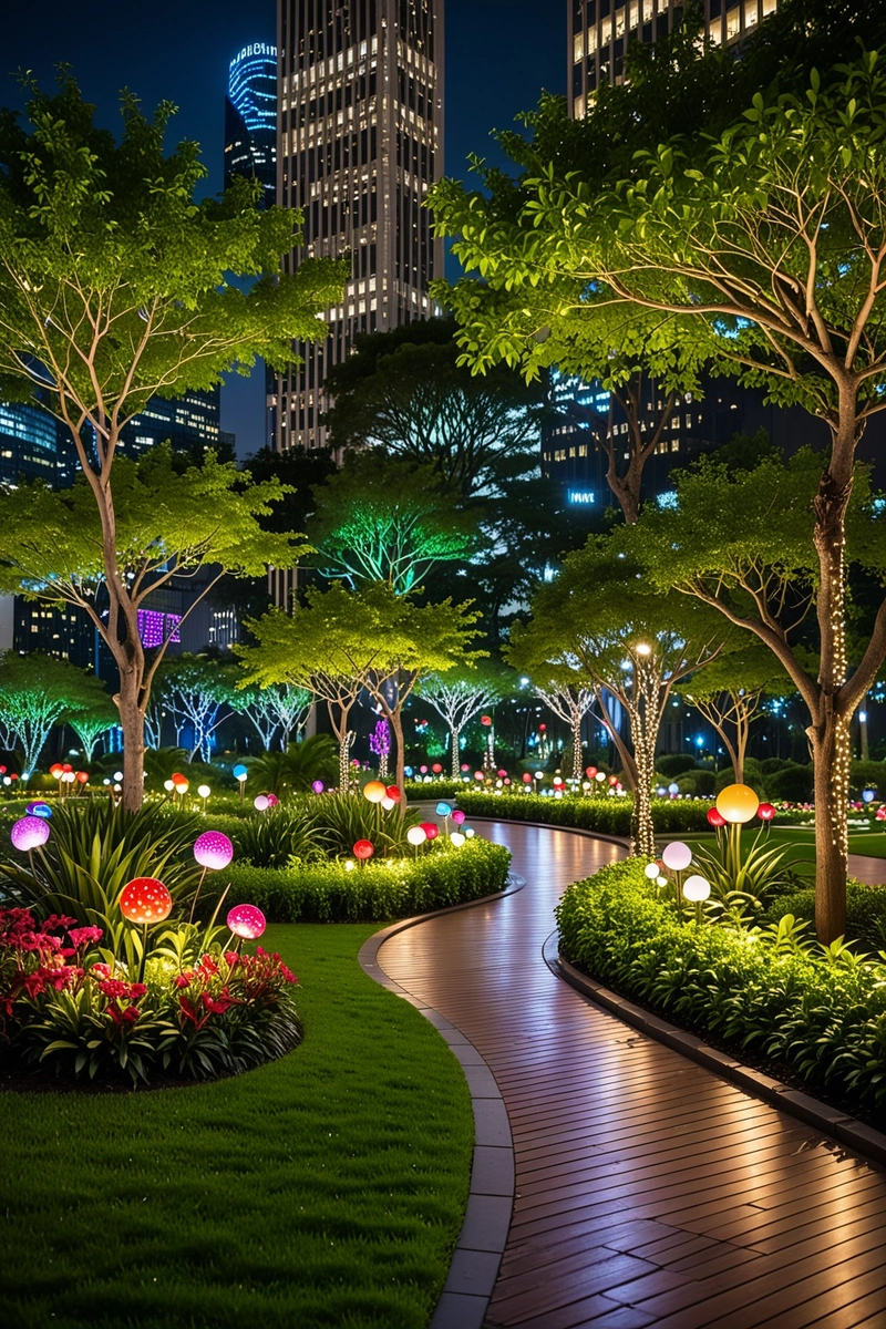 现代城市公园的夜景,明亮的花园装饰和彩色灯光照亮了整个地区。公园被高层建筑和摩天大楼环绕,在城市中心创造了一个城市绿洲。公园维护得很好,有郁郁葱葱的绿色草坪和精心修剪的灌木丛。灯光的布置方式创造了一种运动感和能量感,增加了公园的活力氛围。公园的整体风格是现代和圆滑的,线条简洁,设计元素简约。灯光为场景增加了深度和维度,创造了一种神奇的感觉。天气晴朗干燥,没有下雨或暴风雨的迹象。 现代城市公园的夜景,明亮的花园装饰和彩色灯光照亮了整个地区。公园被高层建筑和摩天大楼环绕,在城市中心创造了一个城市绿洲。公园维护得很好,有郁郁葱葱的绿色草坪和精心修剪的灌木丛。灯光的布置方式创造了一种运动感和能量感,增加了公园的活力氛围。公园的整体风格是现代和圆滑的,线条简洁,设计元素简约。灯光为场景增加了深度和维度,创造了一种神奇的感觉。天气晴朗干燥,没有下雨或暴风雨的迹象。