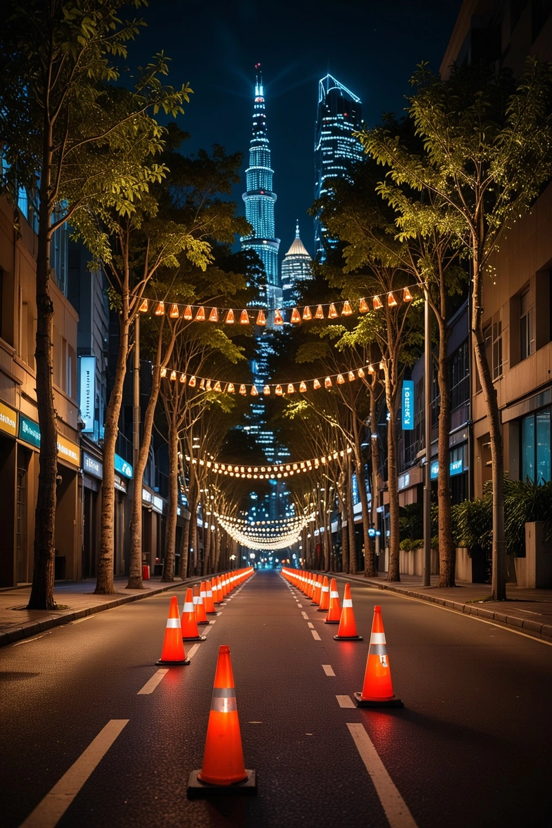 这张照片描绘了一条绿树成荫的夜晚街道,背景是城市天际线的高层建筑。街道空无一人,树上挂满了彩灯,营造出一种神奇的气氛。这个场景是在长时间曝光下拍摄的,给人一种梦幻般的、空灵的感觉。街道左侧停放着一排排的汽车,一排交通锥将道路分成两条车道。这幅画的右边有一个栅栏和一个标志。形象的整体风格是都市的,带有一丝魔力。长时间曝光和仙女灯的使用创造了一种宁静和奇迹的感觉。 这张照片描绘了一条绿树成荫的夜晚街道,背景是城市天际线的高层建筑。街道空无一人,树上挂满了彩灯,营造出一种神奇的气氛。这个场景是在长时间曝光下拍摄的,给人一种梦幻般的、空灵的感觉。街道左侧停放着一排排的汽车,一排交通锥将道路分成两条车道。这幅画的右边有一个栅栏和一个标志。形象的整体风格是都市的,带有一丝魔力。长时间曝光和仙女灯的使用创造了一种宁静和奇迹的感觉。