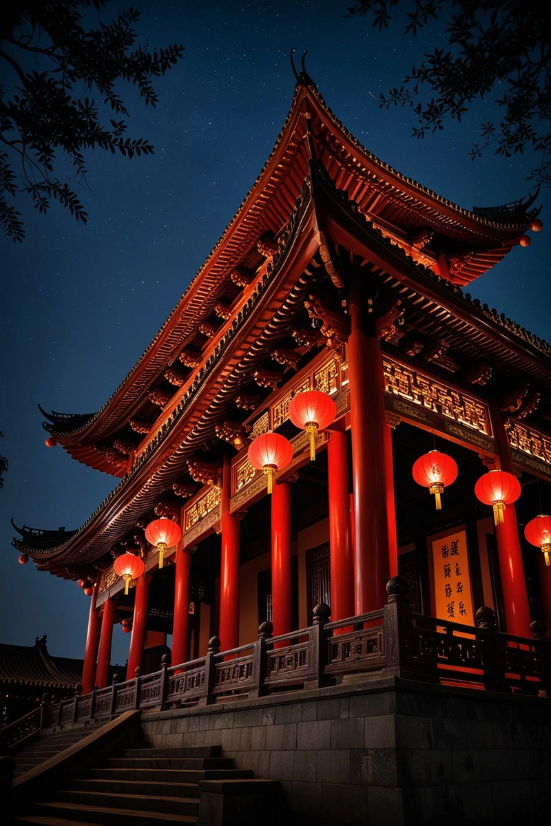 一座令人惊叹的中国寺庙在夜晚灯火通明,其传统建筑和复杂的细节被灯笼照亮。这座建筑高耸入云,其层次感和华丽的木制品展示了建筑者的技艺。黑暗的天空提供了一个戏剧性的背景,而红灯笼增添了一丝温暖和喜庆。整个场景是一个美丽而宁静的中国文化的代表。 一座令人惊叹的中国寺庙在夜晚灯火通明,其传统建筑和复杂的细节被灯笼照亮。这座建筑高耸入云,其层次感和华丽的木制品展示了建筑者的技艺。黑暗的天空提供了一个戏剧性的背景,而红灯笼增添了一丝温暖和喜庆。整个场景是一个美丽而宁静的中国文化的代表。