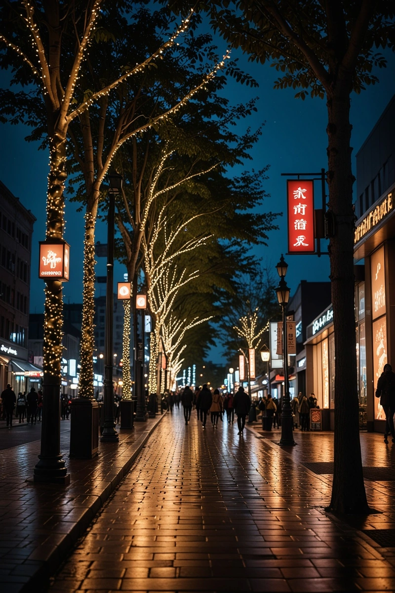 夜景，街道灯火通明，人行道两旁摆放着一排装饰过的树木。人们走在街上，有些人拎着包。左边的建筑物展示着明亮的灯光和广告。天空一片漆黑，街灯投下温暖的光芒。这张照片从低角度拍摄，强调行人和节日气氛。