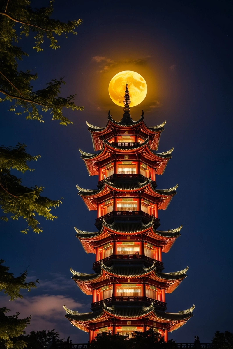 中国南京黄州楼的夜景,一轮鲜红的月亮从上面升起。这座塔被金色照亮,周围地区沐浴在温暖的黄色光芒中。天空是深蓝色的,云是娇嫩的粉红色。塔本身是一个传统的中国风格的结构,有多层和复杂的细节。构图引人注目,以塔为中心焦点,周围环绕着美丽的夜空。这个形象散发着宁静与和平的感觉,使它成为中国建筑和文化的美丽代表。 中国南京黄州楼的夜景,一轮鲜红的月亮从上面升起。这座塔被金色照亮,周围地区沐浴在温暖的黄色光芒中。天空是深蓝色的,云是娇嫩的粉红色。塔本身是一个传统的中国风格的结构,有多层和复杂的细节。构图引人注目,以塔为中心焦点,周围环绕着美丽的夜空。这个形象散发着宁静与和平的感觉,使它成为中国建筑和文化的美丽代表。