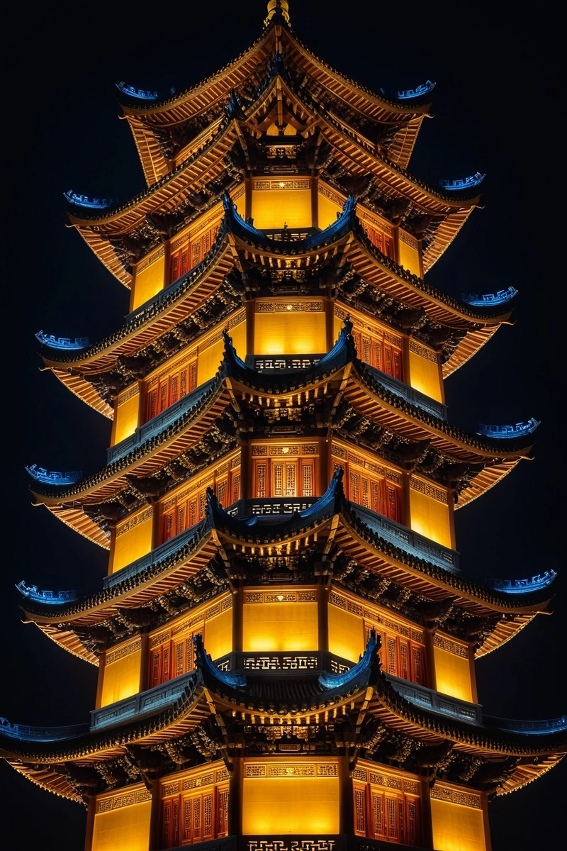 中国西安南昌塔的夜景,暖黄色的灯光亮起。这座塔高耸在黑色的天空下,其复杂的设计和丰富多彩的细节清晰可见。这座塔是这座城市的标志性建筑,柔和的灯光使它更加美丽。这幅图以其优雅的曲线、华丽的装饰和传统风格捕捉了中国建筑和设计的精髓。对比色彩的使用和强烈的构图在图像中创造了一种深度和维度感。南昌塔是西安必看的景点,这张照片展示了它的威严和魅力。 中国西安南昌塔的夜景,暖黄色的灯光亮起。这座塔高耸在黑色的天空下,其复杂的设计和丰富多彩的细节清晰可见。这座塔是这座城市的标志性建筑,柔和的灯光使它更加美丽。这幅图以其优雅的曲线、华丽的装饰和传统风格捕捉了中国建筑和设计的精髓。对比色彩的使用和强烈的构图在图像中创造了一种深度和维度感。南昌塔是西安必看的景点,这张照片展示了它的威严和魅力。