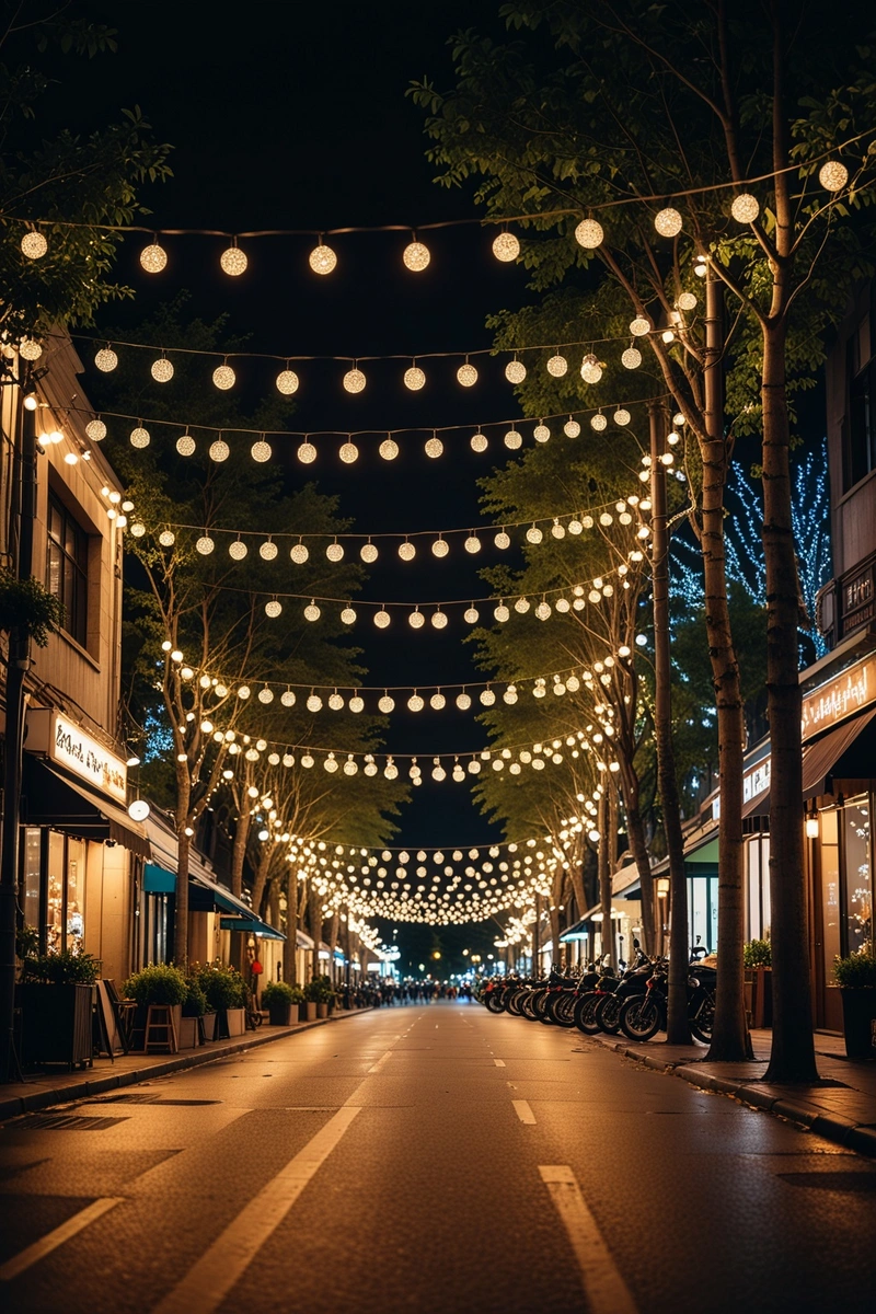 夜晚的城市街道，装饰着节日，树上缠着串灯，营造出节日的气氛。街道两旁是建筑物和商店，路边停着汽车和摩托车。天色已暗，街灯亮着，照亮了现场。整体风格喜庆活泼，城市气息浓厚。