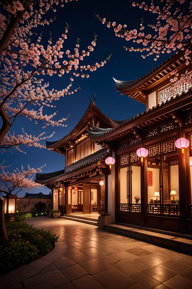 中国西安一座传统四合院的夜景,灯火通明,周围是盛开的樱花。这座建筑是传统与现代风格的完美结合,有着复杂的木雕细节和现代的转折。灯光突出了建筑的复杂设计,创造了一个温暖而诱人的氛围。樱花为现场增添了一抹粉色和白色,营造了一种浪漫而宁静的氛围。 中国西安一座传统四合院的夜景,灯火通明,周围是盛开的樱花。这座建筑是传统与现代风格的完美结合,有着复杂的木雕细节和现代的转折。灯光突出了建筑的复杂设计,创造了一个温暖而诱人的氛围。樱花为现场增添了一抹粉色和白色,营造了一种浪漫而宁静的氛围。