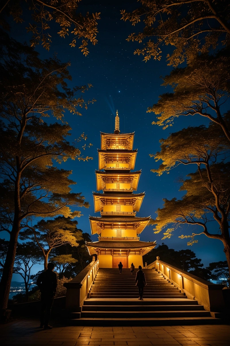 灯光照亮的宝塔夜景令人惊叹,它的多层结构在蓝色和金色的阴影中闪闪发光。宝塔的底部有一段通往门口的楼梯,可以看到两个人欣赏风景,他们的剪影在明亮的灯光下鲜明地映衬着。周围的环境是宁静的,还有一些人分散在周围,增添了宁静的气氛。图像的照明和构图创造了一种敬畏和惊奇的感觉,使它成为一个真正迷人的景象。 灯光照亮的宝塔夜景令人惊叹,它的多层结构在蓝色和金色的阴影中闪闪发光。宝塔的底部有一段通往门口的楼梯,可以看到两个人欣赏风景,他们的剪影在明亮的灯光下鲜明地映衬着。周围的环境是宁静的,还有一些人分散在周围,增添了宁静的气氛。图像的照明和构图创造了一种敬畏和惊奇的感觉,使它成为一个真正迷人的景象。